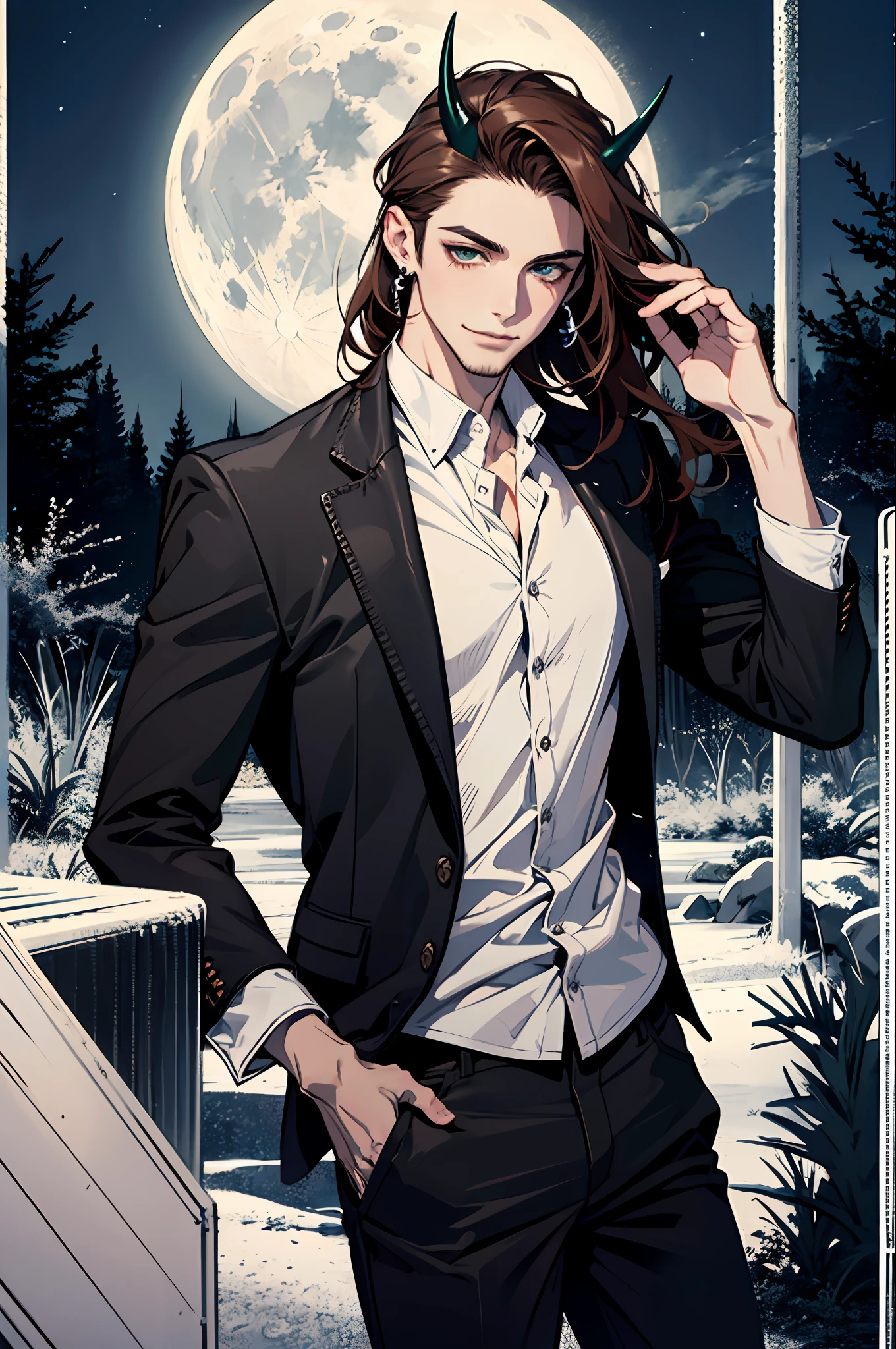 (absurdres, highres, ultra detailed), 1man, 30 years old man, adult man, handsome, tall,, finely detailed eyes and detailed face, black leather pants, white shirt, night, smile, dutch angle, ((long hair, brown hair)), horns, moon, forest, silver earrings, gothic, dark, looking at the view, pale skin, green detailed eyes, eyeliner, (masculine), sexy, smirk, seductive, slightly muscular, very attractive, flirtatious, mature, ((adult mature face)), medium large shoot, (MLS)