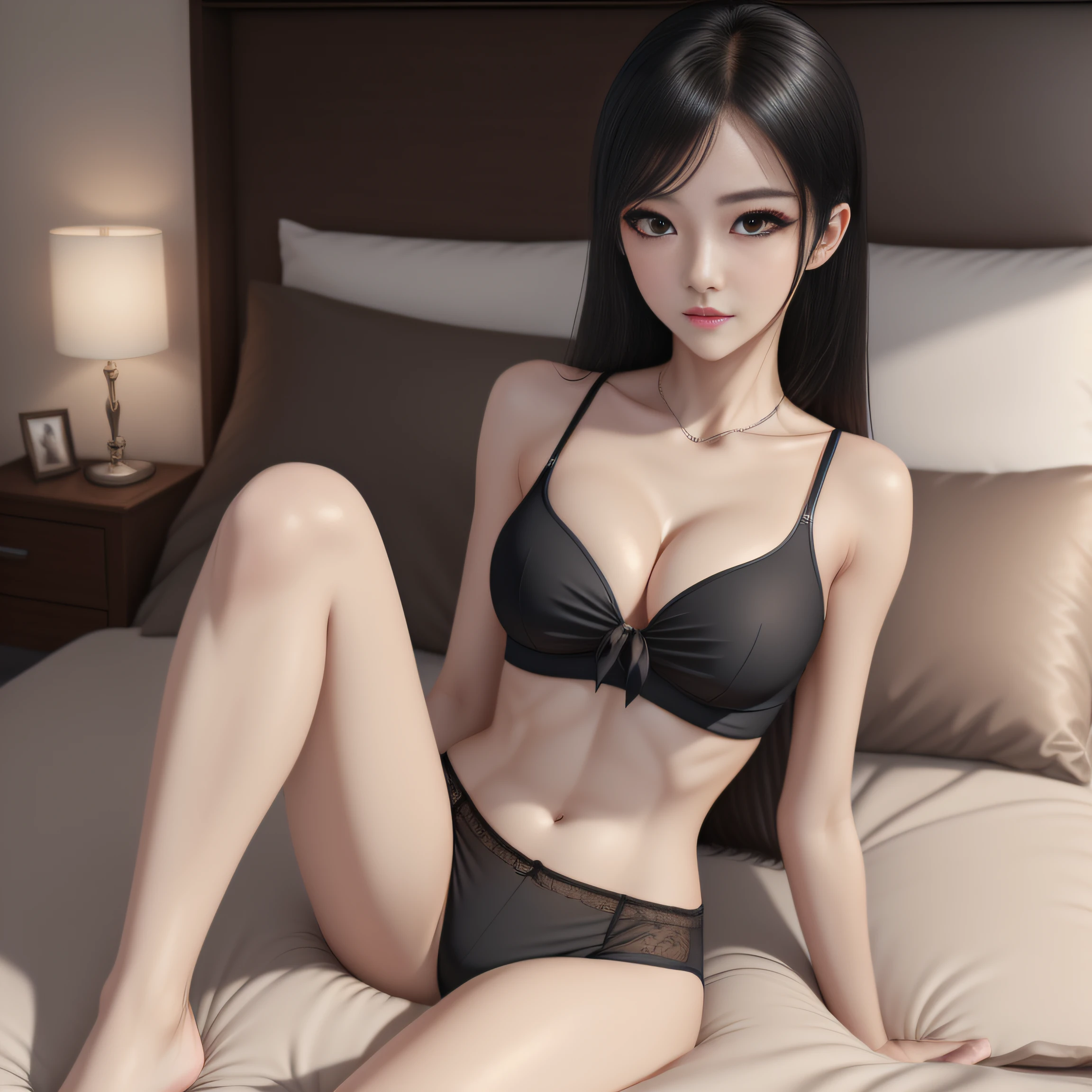 ((Top Quality, 8k, Masterpiece: 1.3)), Beauty, Hide Face, 1 Girl, Beautiful: 1.3, Slender Abs: 1.1, Camisole, Cleavage, Black Hair Long, (While Sitting on the Bed), Ultra Detailed Face, Highly Detailed Lips, Detailed Eyes, Double Eyelids