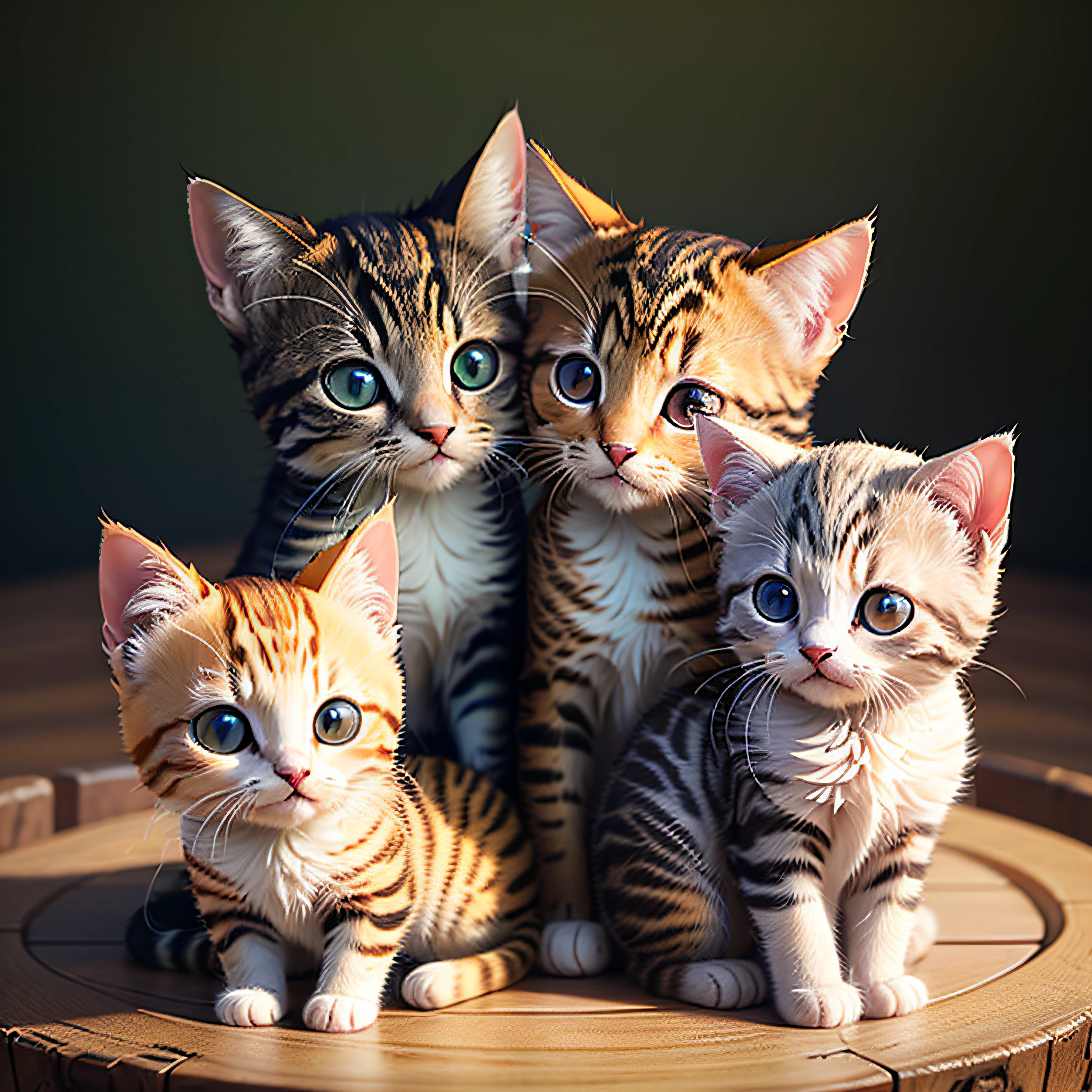 There are four fluffy friendly kittens sitting together in a chair, adorable digital painting, cute detailed digital art, cute cats, cute kittens, cute digital art, digital painting very detailed, kitten, super high detailed, cute 3D rendering, ultra realistic image, high realistic photo, cute detailed artwork, ultra realistic and detailed, ultra realistic illustration, high quality portrait
