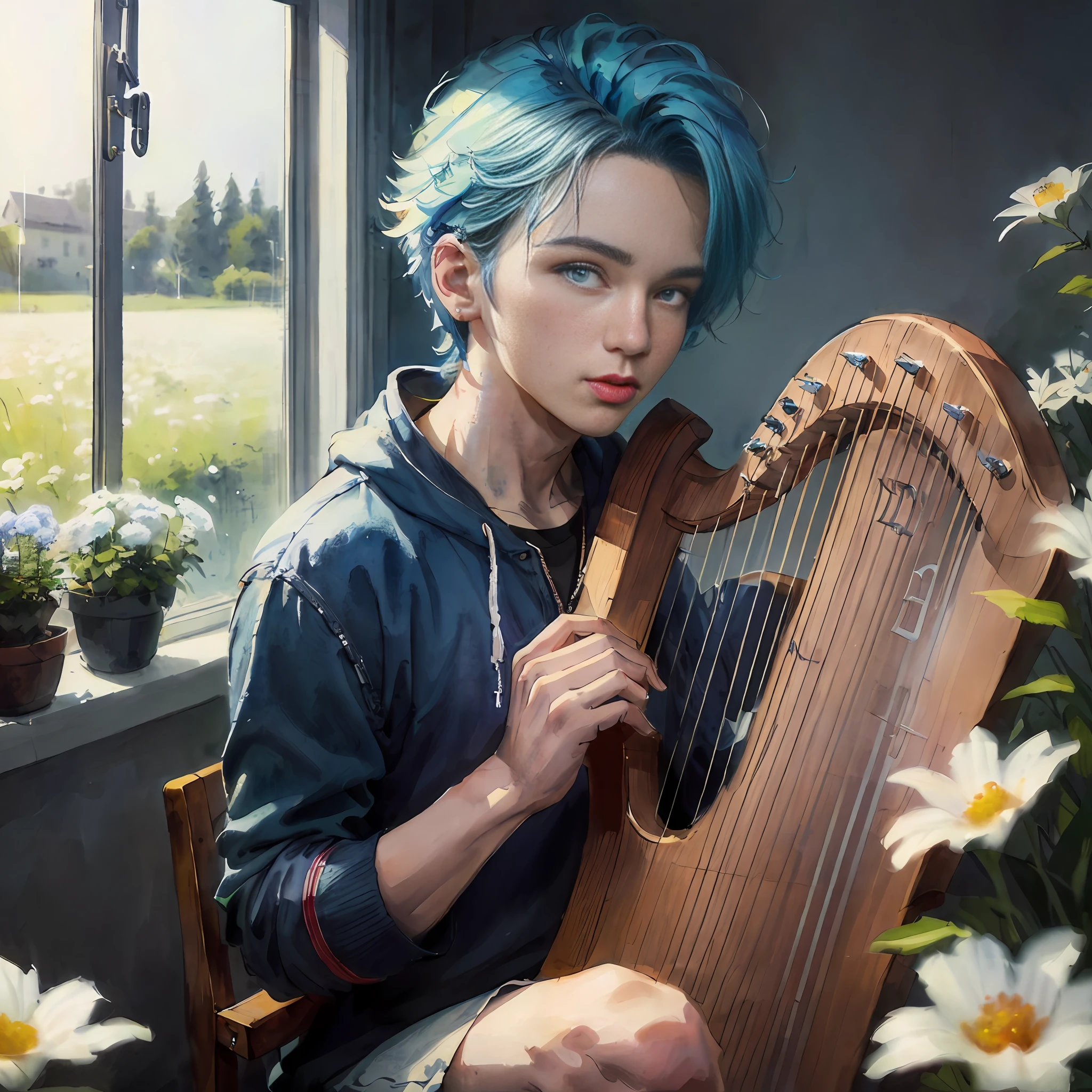 there is a man with blue hair playing a harp in a room, artwork in the style of guweiz, with an harp, realistic artstyle, musician, detailed fanart, alexey egorov, inspired by Yanjun Cheng, high quality portrait, official fanart, aesthetic portrait, realism artstyle, beautiful digital artwork, fanart best artstation, realistic anime artstyle