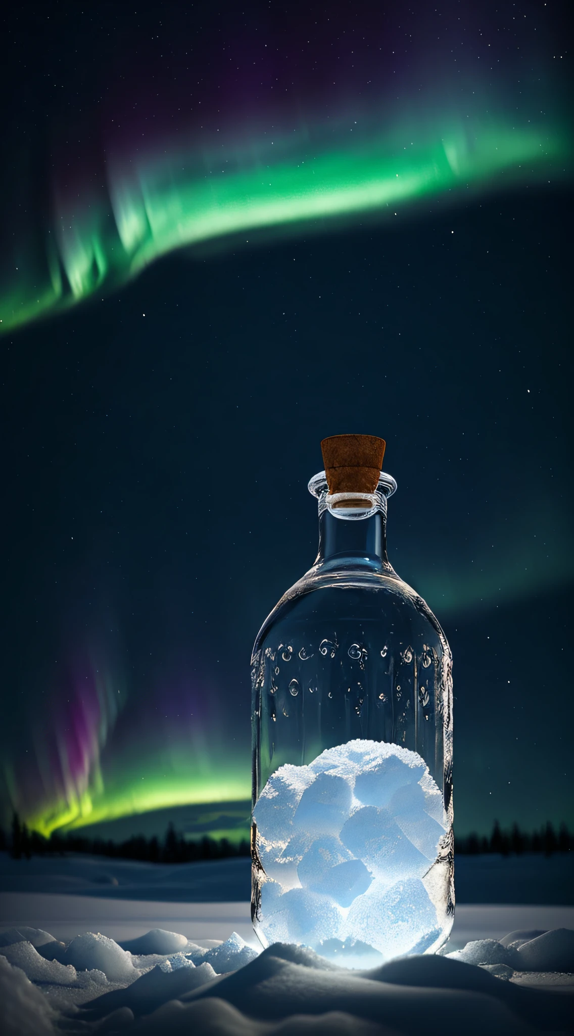 glass bottle, winter landscape of snowball Nelapland, Northern Lights, transparent data visualization, art station trends, Tom Bagshaw and Seb McKinnon, ultra detailed, ultra-realistic, film, dramatic lighting, volumetric lighting, 150mm, octane rendering, realistic, noise reduction, photo with Hasselblad H3DII