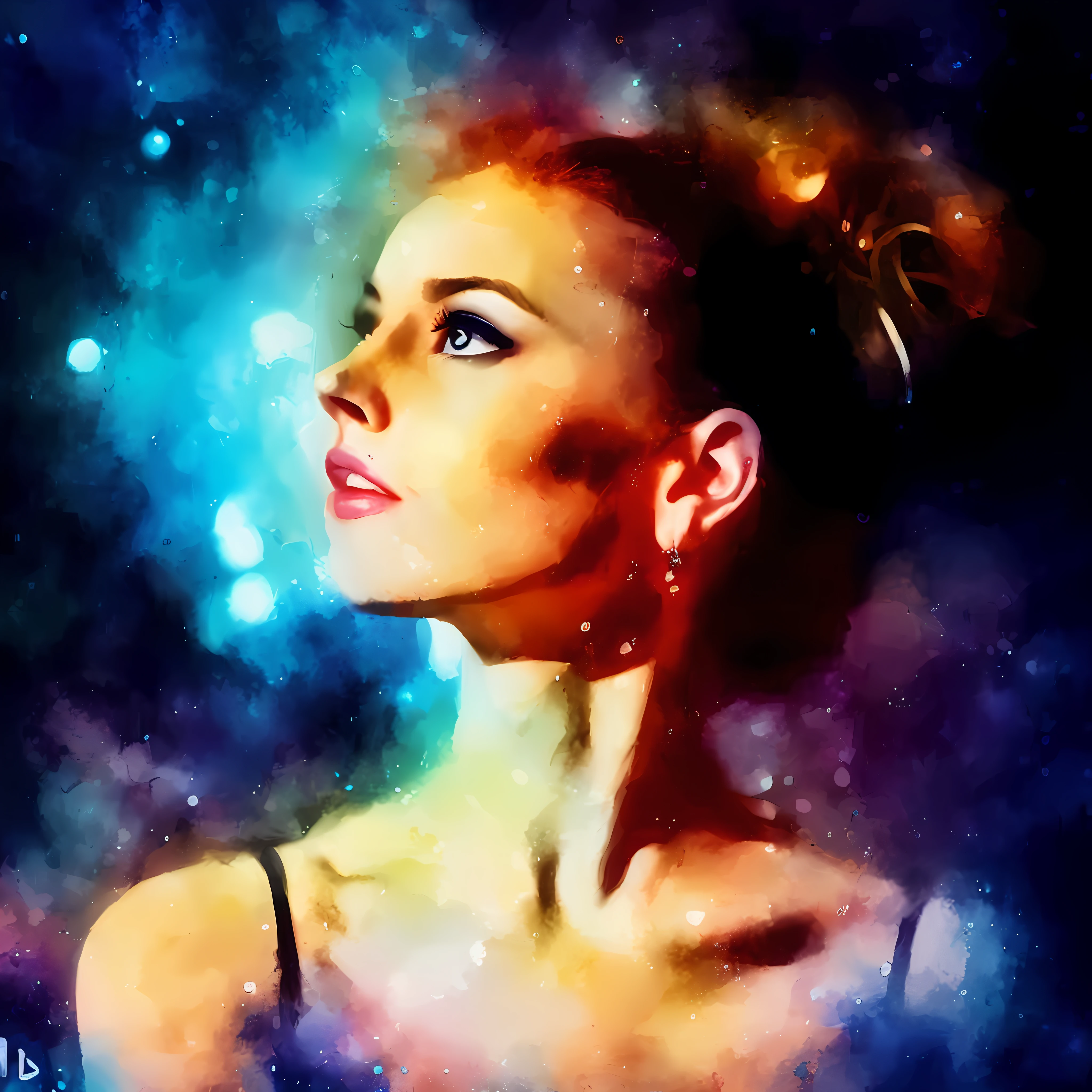 Painting of woman with hair bun in spatial setting, shiny digital painting, space goddess portrait, digital painting style, galaxy and strange portrait, digital art image, painted digital art, watercolor digital painting, expressive digital painting, vibrant digital painting, artistic digital art, digital art H 9 6 0, stunning digital painting 4K,Photography, Canon Mark2