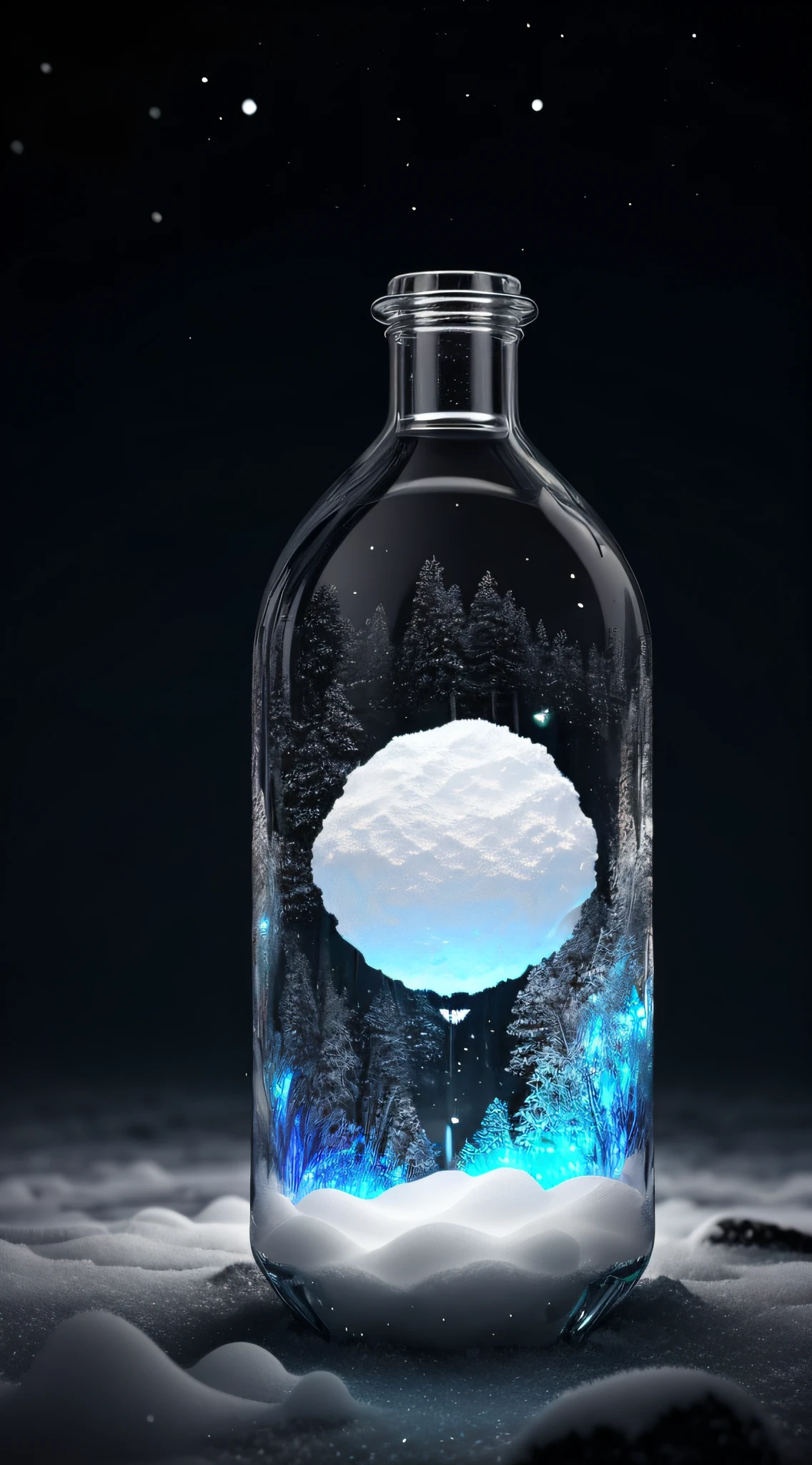 glass bottle, winter landscape of snowball Nelapland, Northern Lights, transparent data visualization, art station trends, Tom Bagshaw and Seb McKinnon, ultra detailed, ultra-realistic, film, dramatic lighting, volumetric lighting, 150mm, octane rendering, realistic, noise reduction, photo with Hasselblad H3DII