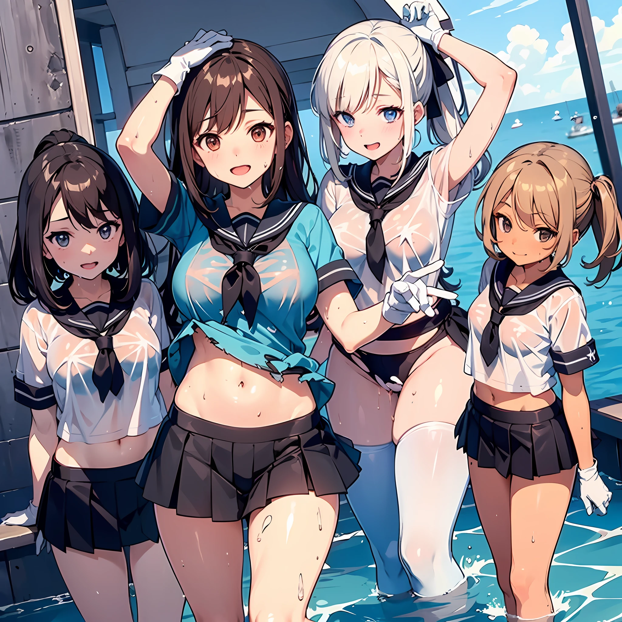 kancolle,1ung_teirls、loli、bwn_hair、short_ponytail, long_bangs、blue_midriff_baring_sailor_uniform、mini_skirt、short_sleeve、thighthighs、big_tits, sleepy, Sorrisos、open_mouth、dynamic_pose, childlike_posing ,harbor,dock_background、spread_legs、happiness、NSFW、short_gloves, (wet:1.4),transparent,covered_nipples, covered_crotch, under_tits, sweat, bare_thighs, large_ass, covered_anal, back_view,torn_clothes