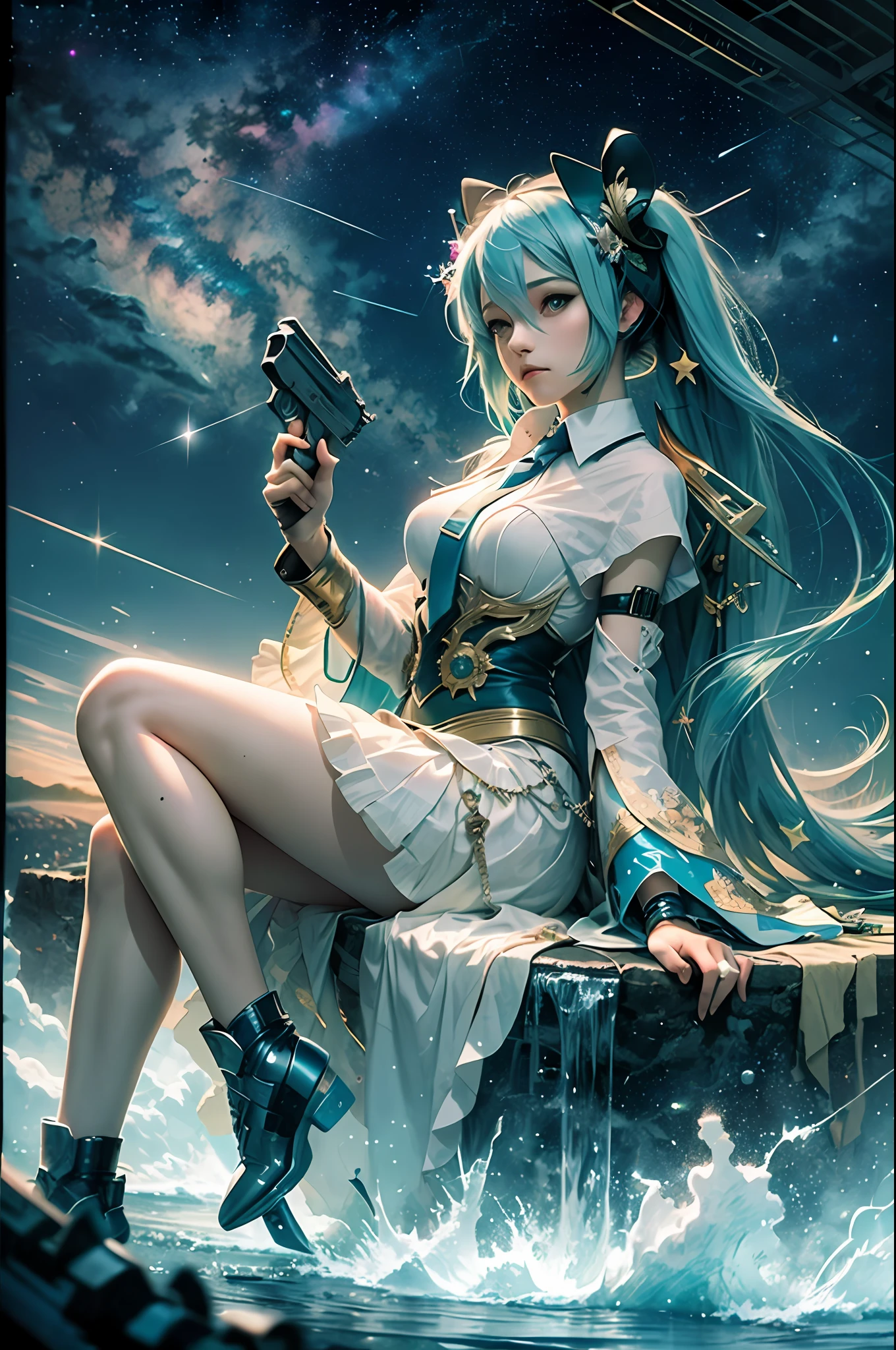 highest quality, best image quality, concept art, beautiful girl, holding a handgun, full body, wilderness, night, starry sky, alphonse mucha, hatsune miku, dream, rainbow, hope, dynamic composition, looking far away, colorful
