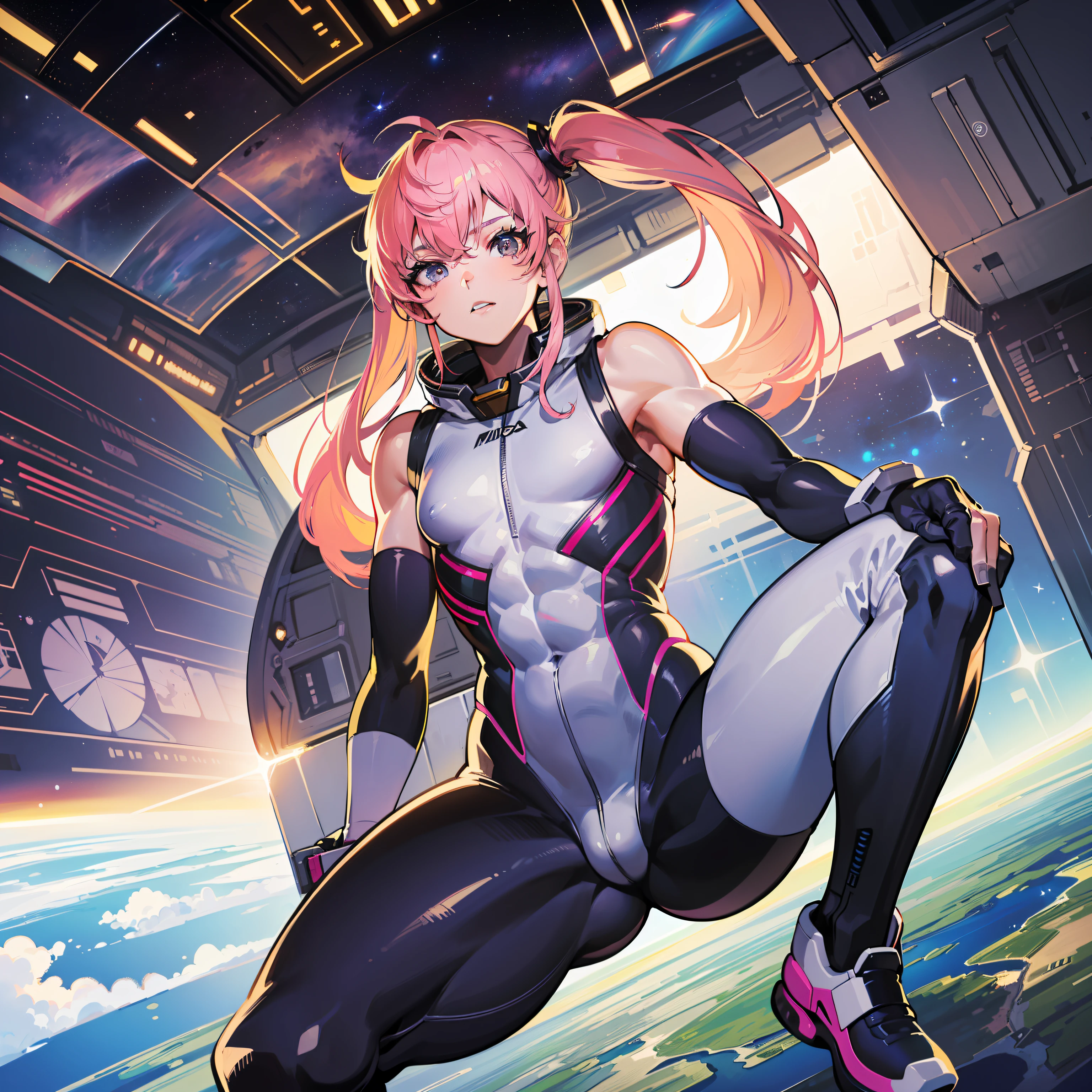 ((Masterpiece)), ((Highest image quality)), (Highest image quality)), (((Illustration of one adult)), Full body, (((25 years old)), (Face is female, Body is male)), (Pink hair twintails)), Light gray eyes, (((Tall)), ((Flat)), (Small breasts), (Muscular strong man's body)), (Muscular strong man's body)), (Muscular chest plate)), Abs, (( Muscular and thick arms)), (((muscular and thick legs)), ((manspreading)), open legs, ((white pilot suit)), ((in the cockpit)), (space on the monitor, Earth seen from space, spaceport)