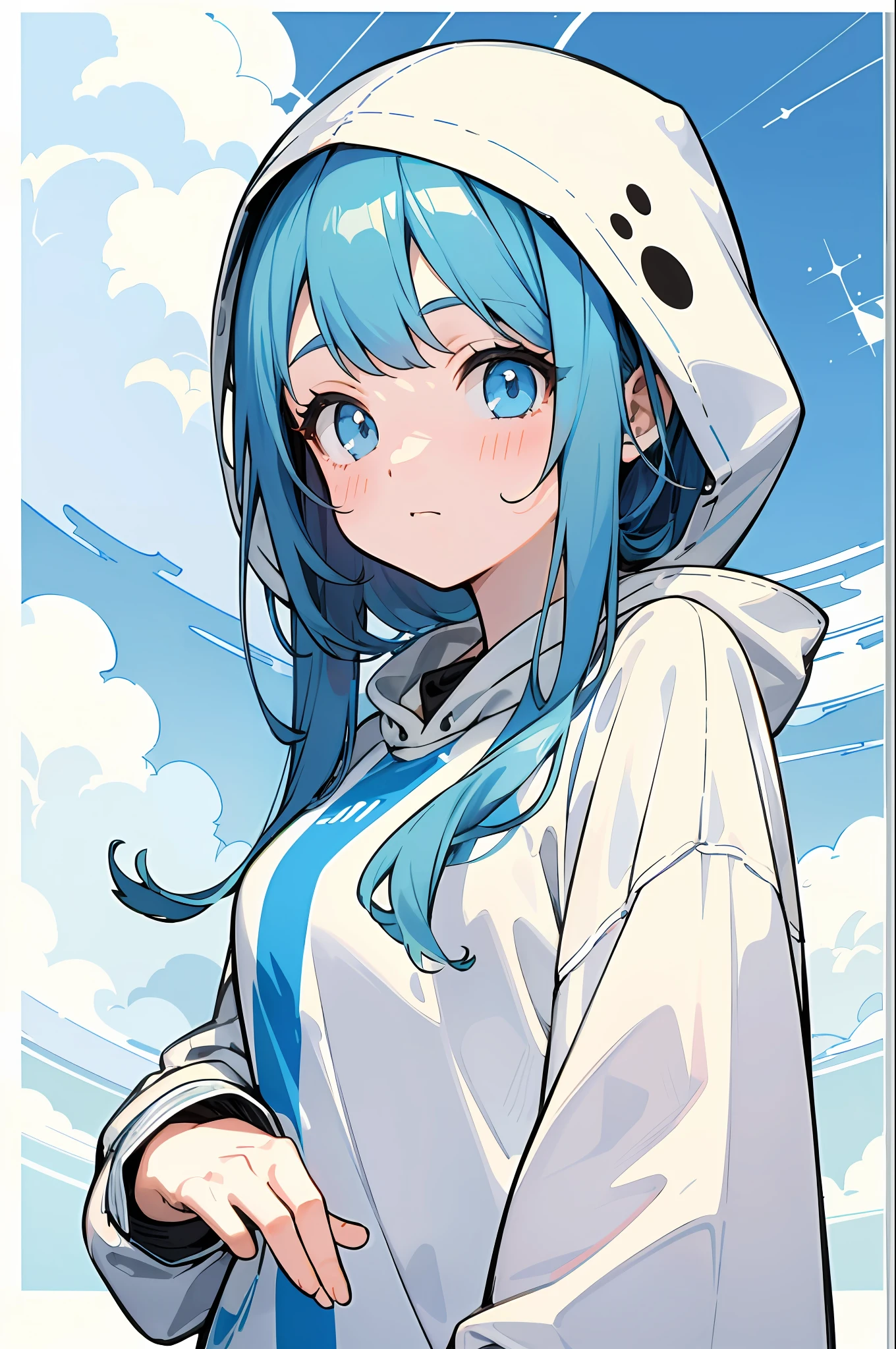 (Exquisite Illustration: 1.2), (Kawaii Girl: 1.0), (1girl, solo:1.0), (Sky Blue Hair: 1.0), (Sweatshirt: 1.0), (Upper body: 1.0), (Ultra detailed, High resolution, 4K:1.0),