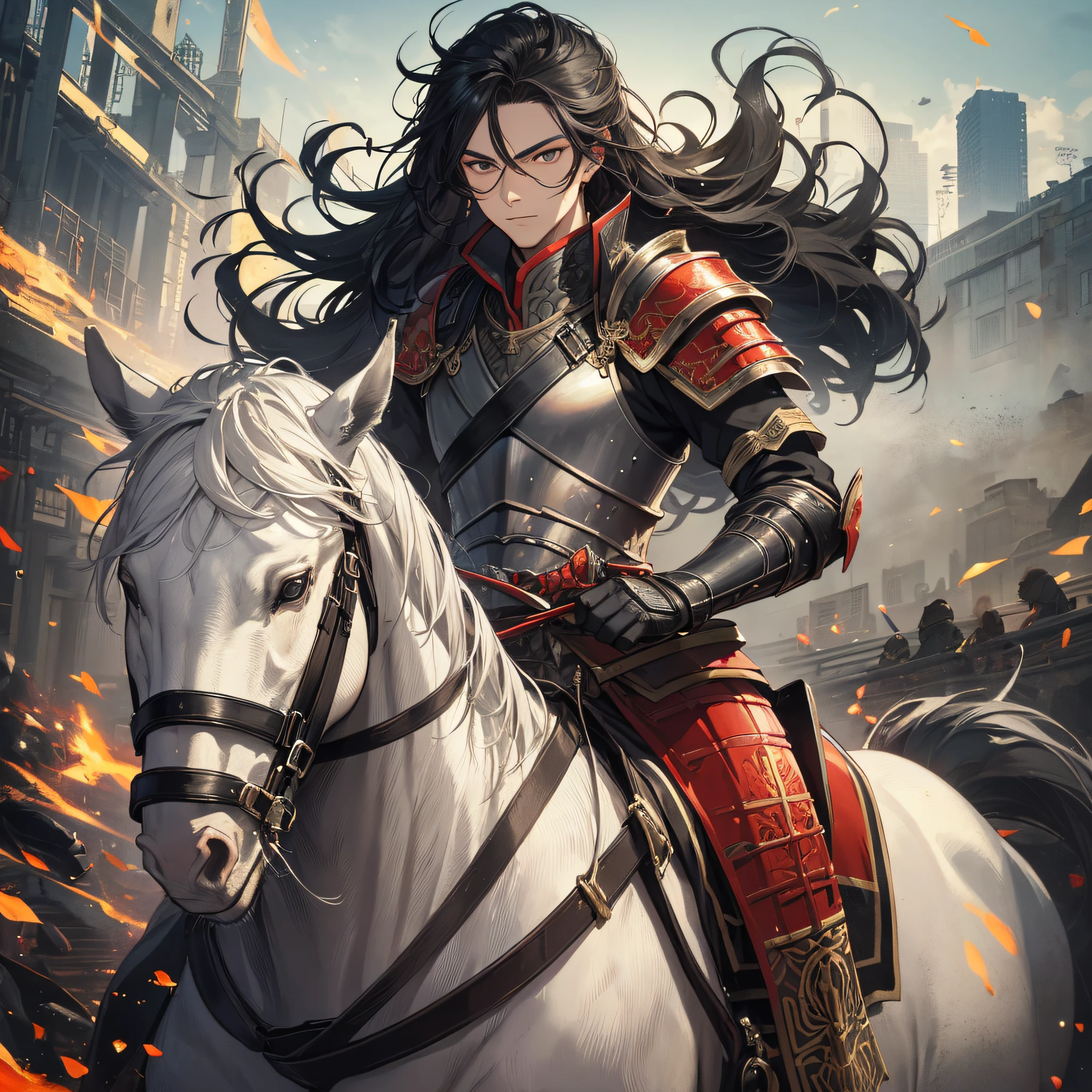 Absurd resolution, high resolution, (masterpiece: 1.4), hyperdetail, ancient China, steppe, long black hair, young man (1.5), horseback riding (1.3), armored samurai in red armor