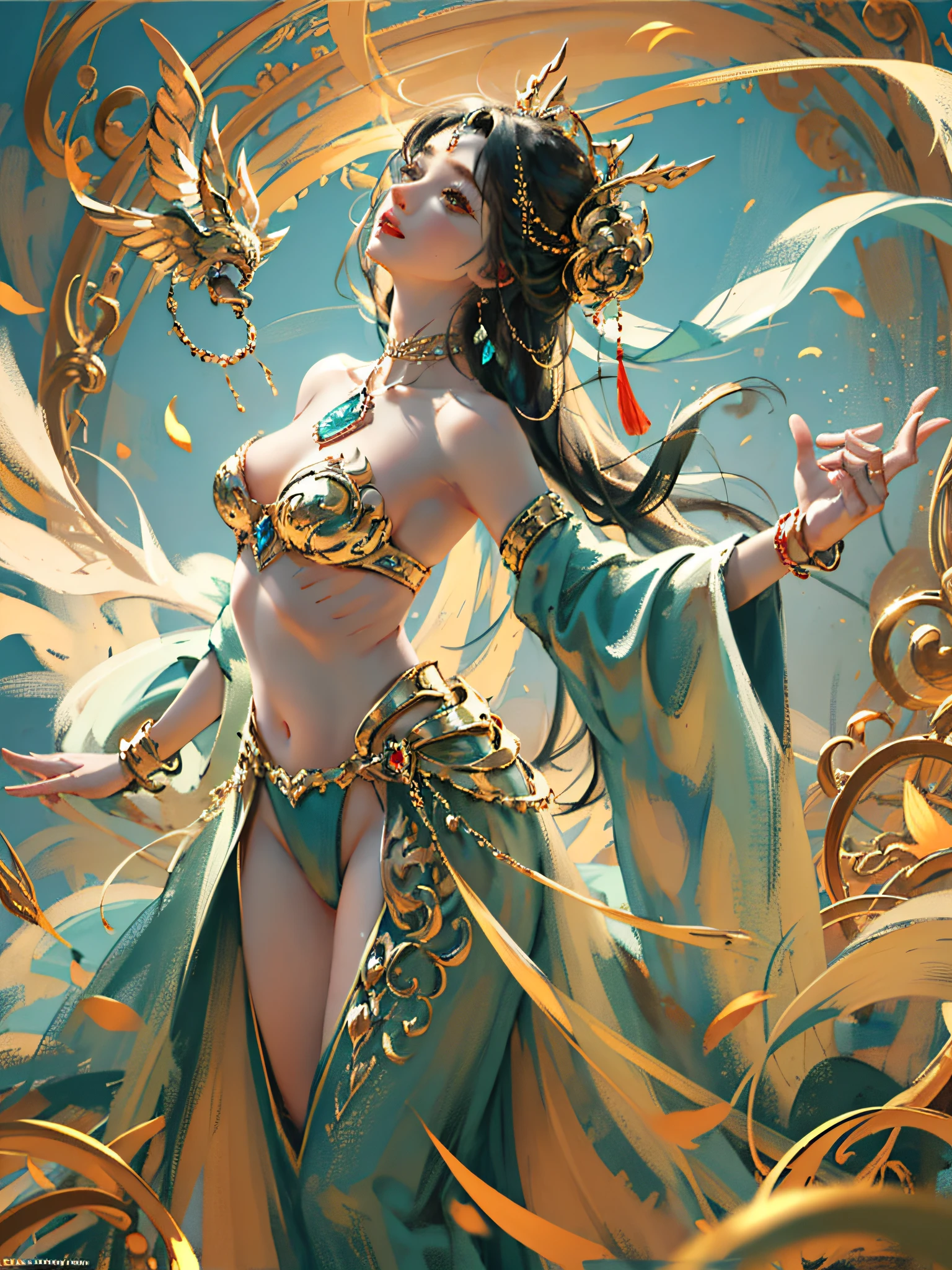 A masterpiece of a thousand hands Guanyin, exquisite jewelry, exquisite bracelets, exquisite hair accessories, high on the feeling, aperture on the back, bodhisattva, fairy qi fluttering, holding various magic weapons in his hand, looking up from the point of view, long legs, bare feet, golden bracelet on the ankle, ancient Chinese clothing, gorgeous silk, flowing tulle, dazzling background, golden aperture behind, gold Falun behind, best light, backlit shooting, movie filter, (hands together), (thousand hands Guanyin statue), ultra HD, 8k, Fair skin, Wolp_style, duhuang_style, close-up of upper body, detailed face, professional classical dance moves, person floating in the air, (sideways: 1.4), 28 years old, 1girl, healthy body
