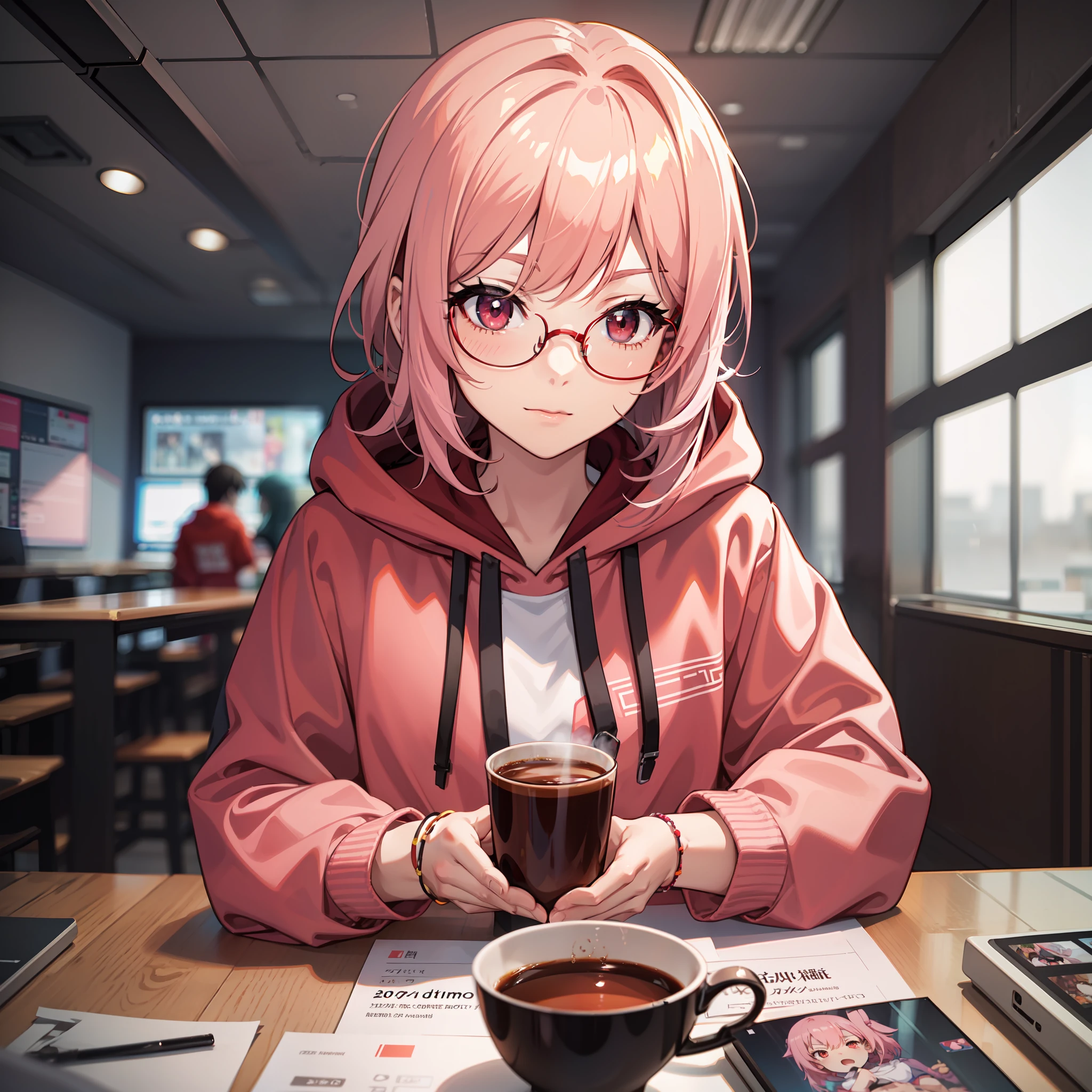 Anime characters in red hoodies sitting at a table with a cup of coffee Anime style realistic 3d anime style 8k anime style, anime style 3d, realistic anime art style, in hoodies, wearing red hoodies, in anime style, light pink haired girl wearing hoodies, in anime style, anime realism style, made by anime painter studio , cute , wearing pink glasses , red eyes , 1girl