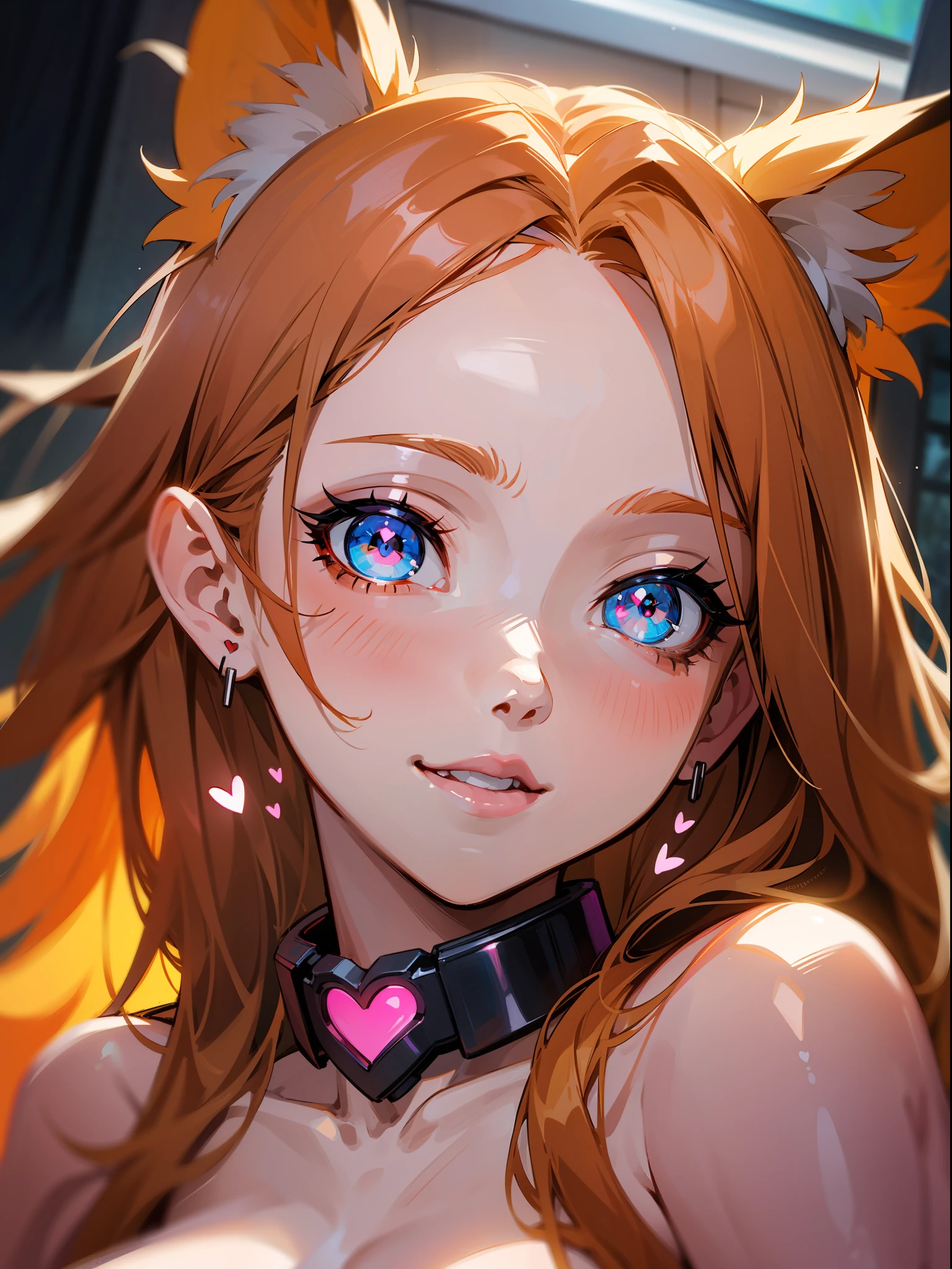 1 cute girl in a bed, (heart-shaped pupils), (face close up), in love, fox ears, (orange hair), blue eyes, colorfull eyes, confident, intimate, smilling,naked, heart collar, no clothes, scalpa, sexy, long hair, sensual, lascive, modern, vivid eyes,(masterpiece), gorgeos, lights in the hair, night, best quality, expressive eyes, perfect face, digital art, high details, sfw, 4k, finely details, skin, skin exposed