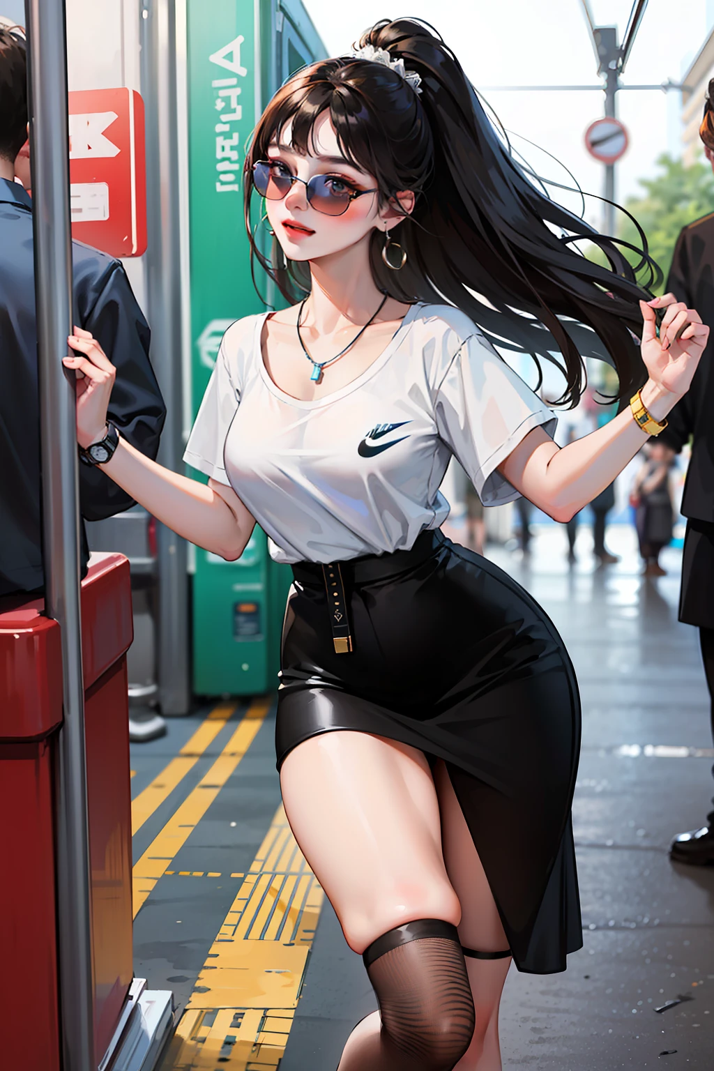 (Best quality, 8k, masterpiece), (a pretty girl, pure black long hair, princess cut, Hime hairstyle, hair edges are neat, big eyes: 1.2, long eyelashes, delicate makeup: 1.2, blush), (delicate watch, delicate necklace, large earrings), (caught in the subway train, standing, subway station etc.), (fashionable outfit, leopard print shorts on the outside, white T-shirt on the inside, Nike, black fashion sunglasses hanging on the clothes), (medium chest, stiff), ( Black Oil Glossy Clear Pantyhose), (High-waisted Skirt), Light Ripen, Royal Sister, Best Light, Best Shadow, Movie Lighting, 28 Years Old, 1girl, Acura, (Real Skin, Supple Skin) Ray Tracing, Unreal Engine 5, Reflective Skin, Digital Illustration, Game CG Characters, Supermodel, (Kpop, idol), (Body Edge Light, Colored Light Sources Around), Wind Blowing Hair, Listening to Songs with Headphones, (Looking at the Camera with a shy smile, happy expression), (thin waist, wide hips, buttocks), close-up