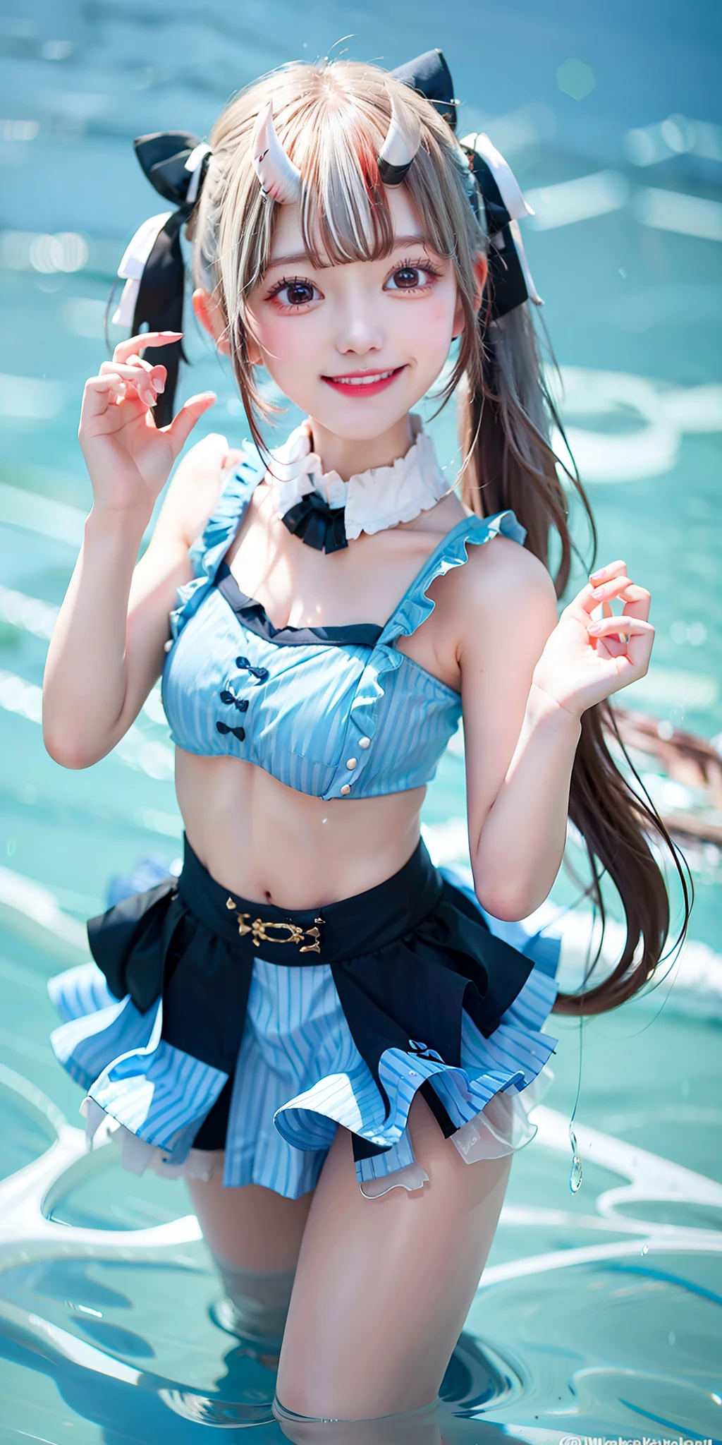 masterpiece, best quality, absurdres, perfect anatomy, 1girl, solo, Nakiri Ayame, long hair, twintails, AyameBikini, blue bikini, frilled bikini, bikini skirt, hair bow, black bow, frilled choker, dynamic pose, wading, water, ocean, smile, :d, wet