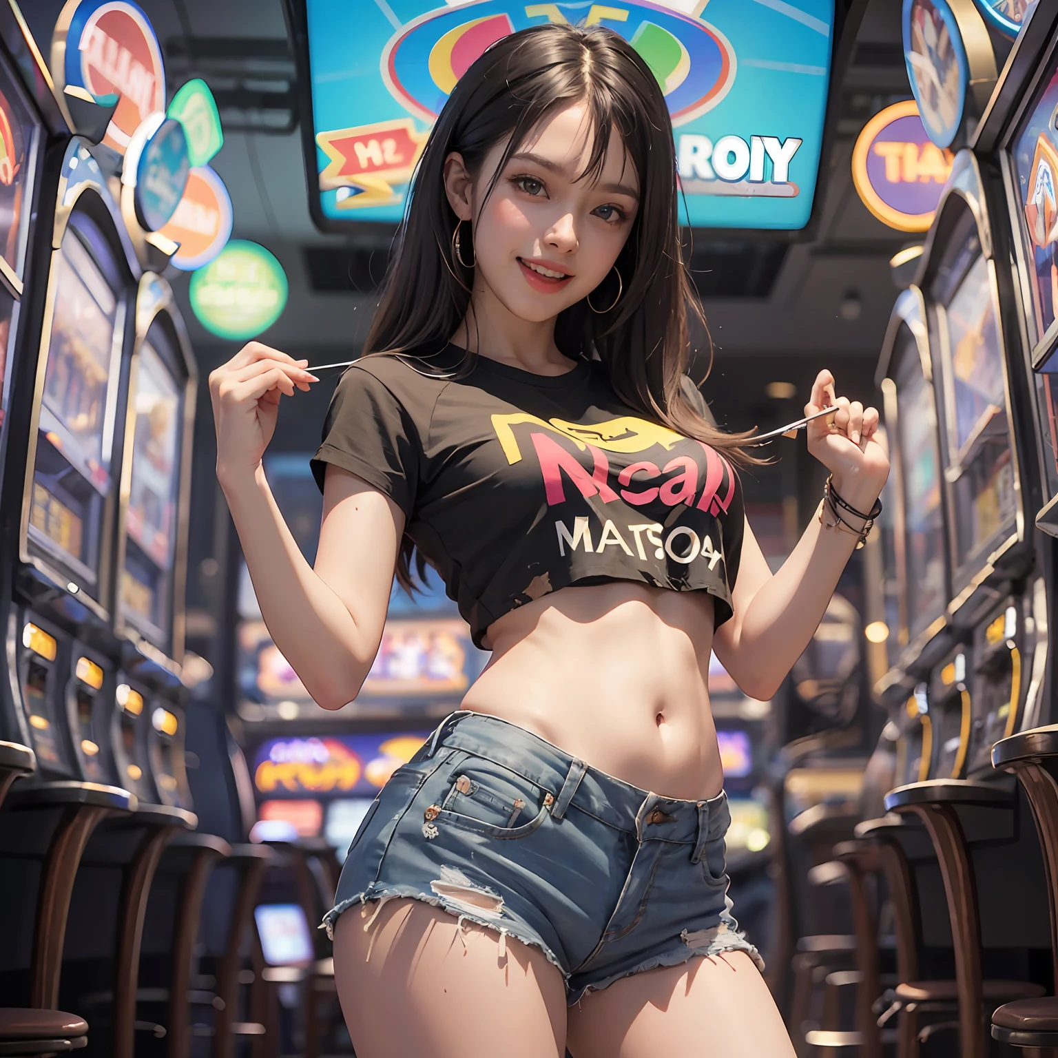 8k, top quality, (beauty), high resolution, realistic, real person, 777 in slot machines hit the jackpot! , Guts pose, smile, scream, one young and pretty girl, tight shorts, tummy short t-shirt, short leather jeans, wearing lots of fancy accessories