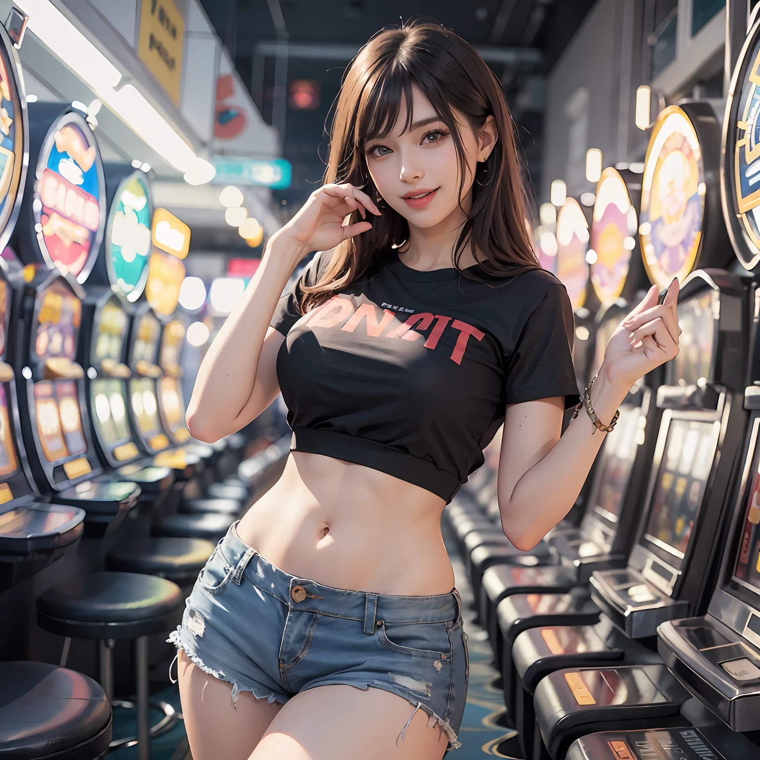 8k, top quality, (beauty), high resolution, realistic, real person, 777 in slot machines hit the jackpot! , Guts pose, smile, scream, one young and pretty girl, tight shorts, tummy short t-shirt, short leather jeans, wearing lots of fancy accessories