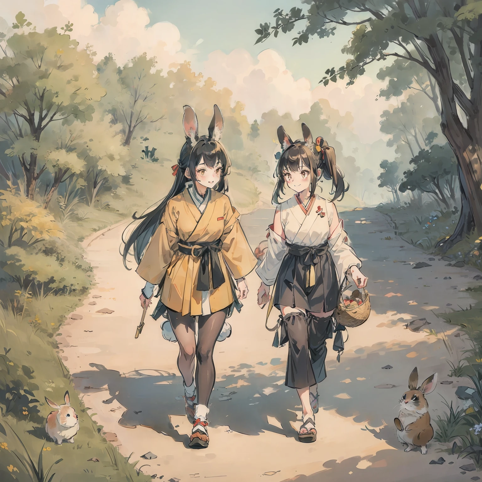 (Tanuki-eared girl and rabbit-eared girl: 1.3) Two people walking side by side on a country road Smile