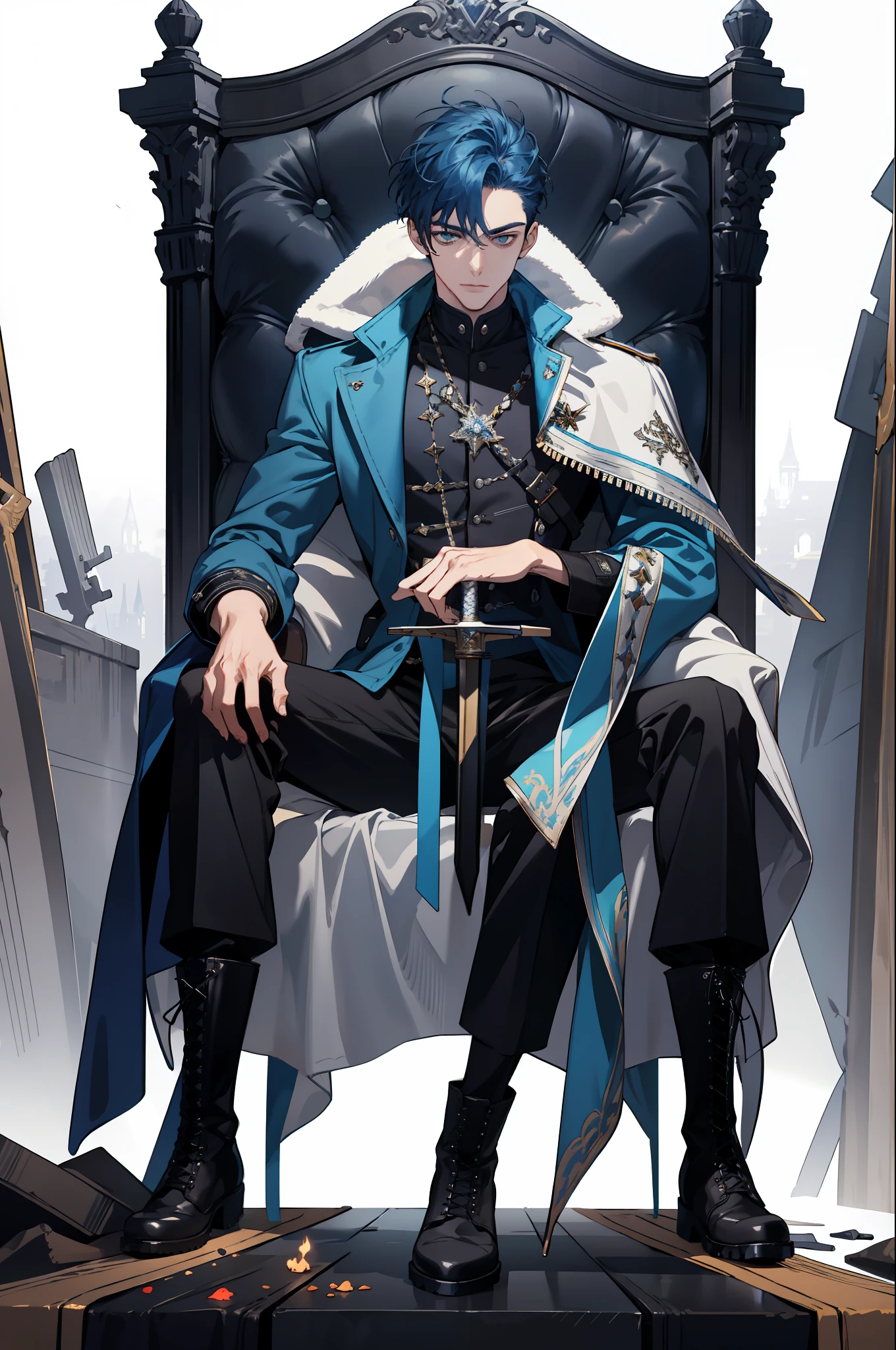 (absurdres, highres, ultra detailed), 1 male, adult, handsome, beautiful eyes, average height muscular guy, finely detailed eyes and detailed face, medium length blue hair, grey biker jacket, black pants, doc martin boots, fantasy, magnificent background, throne, magic effect, flame, detailed fantasy sword leaning on throne,