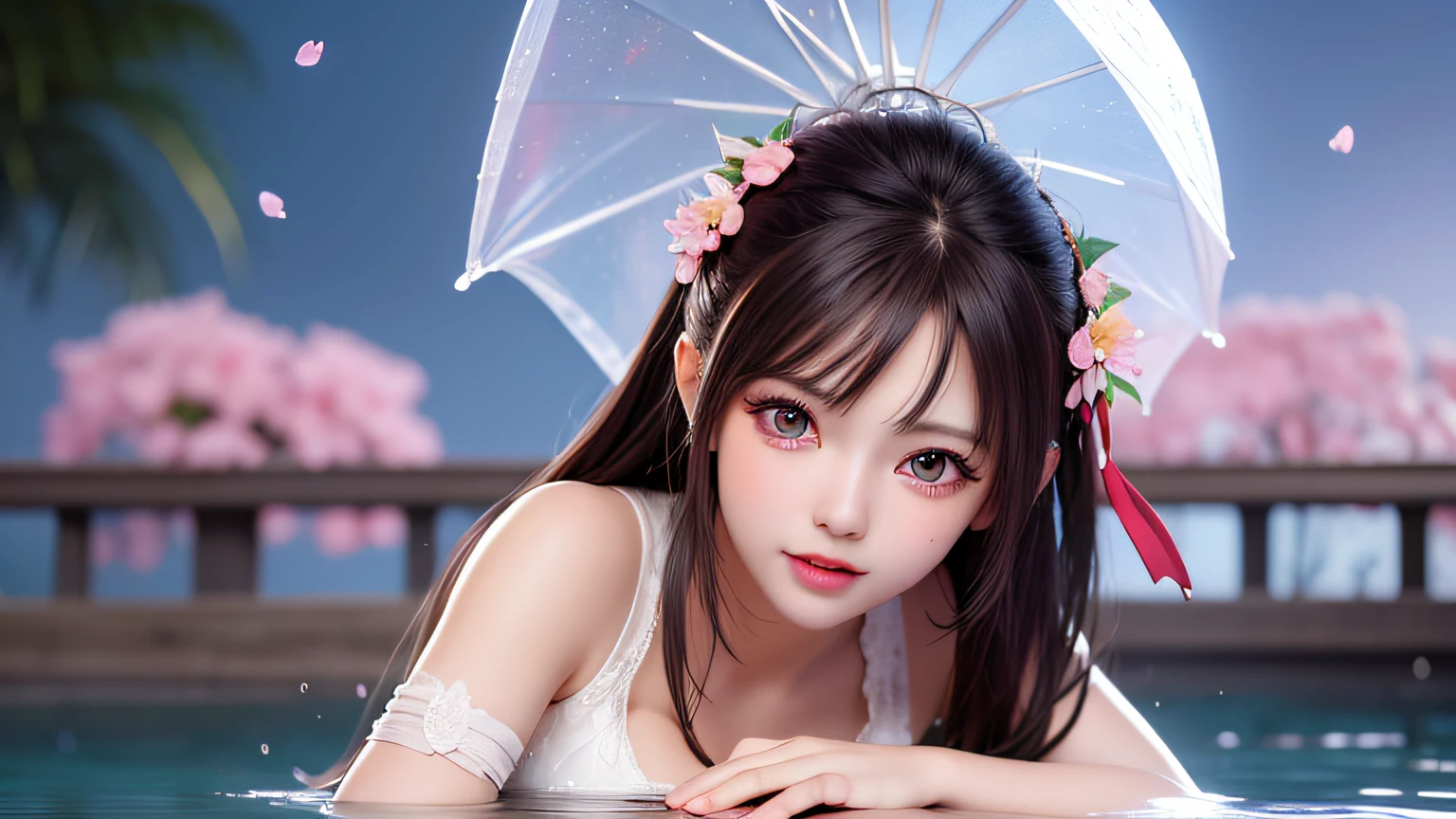 (8k, RAW photos: 1.2), highest quality, ultra high resolution, (((cleavage coordination from head to bottom of breast)), dramatic angle, (pink petals fluttering), (illustration), (1 girl))), (long hair ponytail), (transparent white sheer floral dress)), beautiful face (light brown hair, blue eyes), (bright lip gloss, long eyelashes), Smooth) face, bright skin, natural shadows, wide light, wide light, depth of field, strong colors, subtle caustics: 0.8), smile, (big), (rain: 0.9), behind the girl is Hanazono, (focus), ((standing on the surface of the water)), (color splash), colorful splash, ((colorful))), (sketch: 0.8), masterpiece, best quality, beautifully painted, highly detailed, ( Denoise: 0.6), [Splash Ink], ((Ink Refraction)), (Beautiful Detailed Sky), Highly Detailed, (Masterpiece, Best Quality, Very Detailed) CG Unity 8k Wallpaper, Masterpiece, Best Quality, Ultra Detail), (Lycoris radiata)