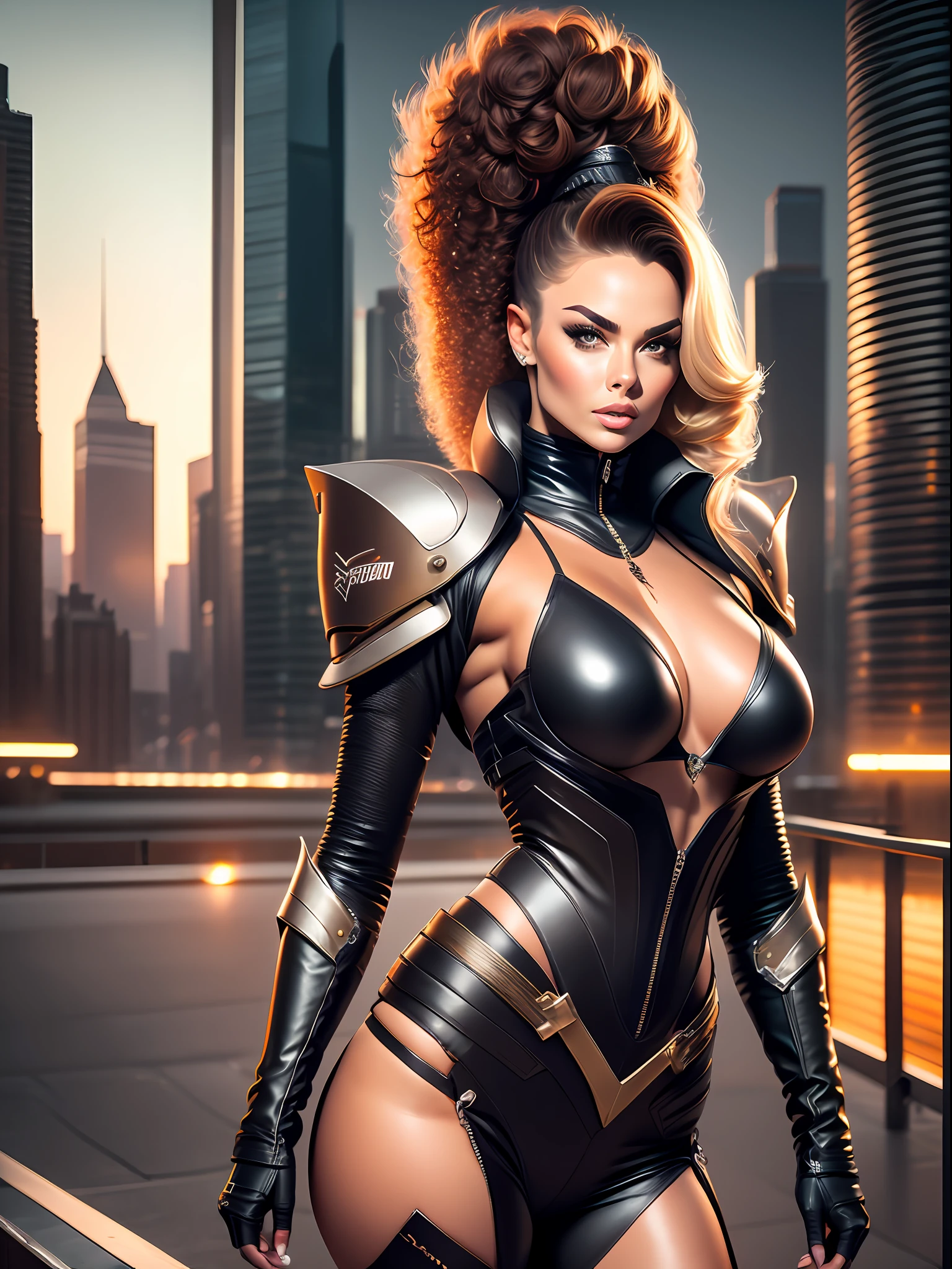 Carmen Electra in exoskeleton cyber armor with unusual geometry and a beautiful curly neckline on the chest, large breasts, detailed face, background - gloomy cityscape