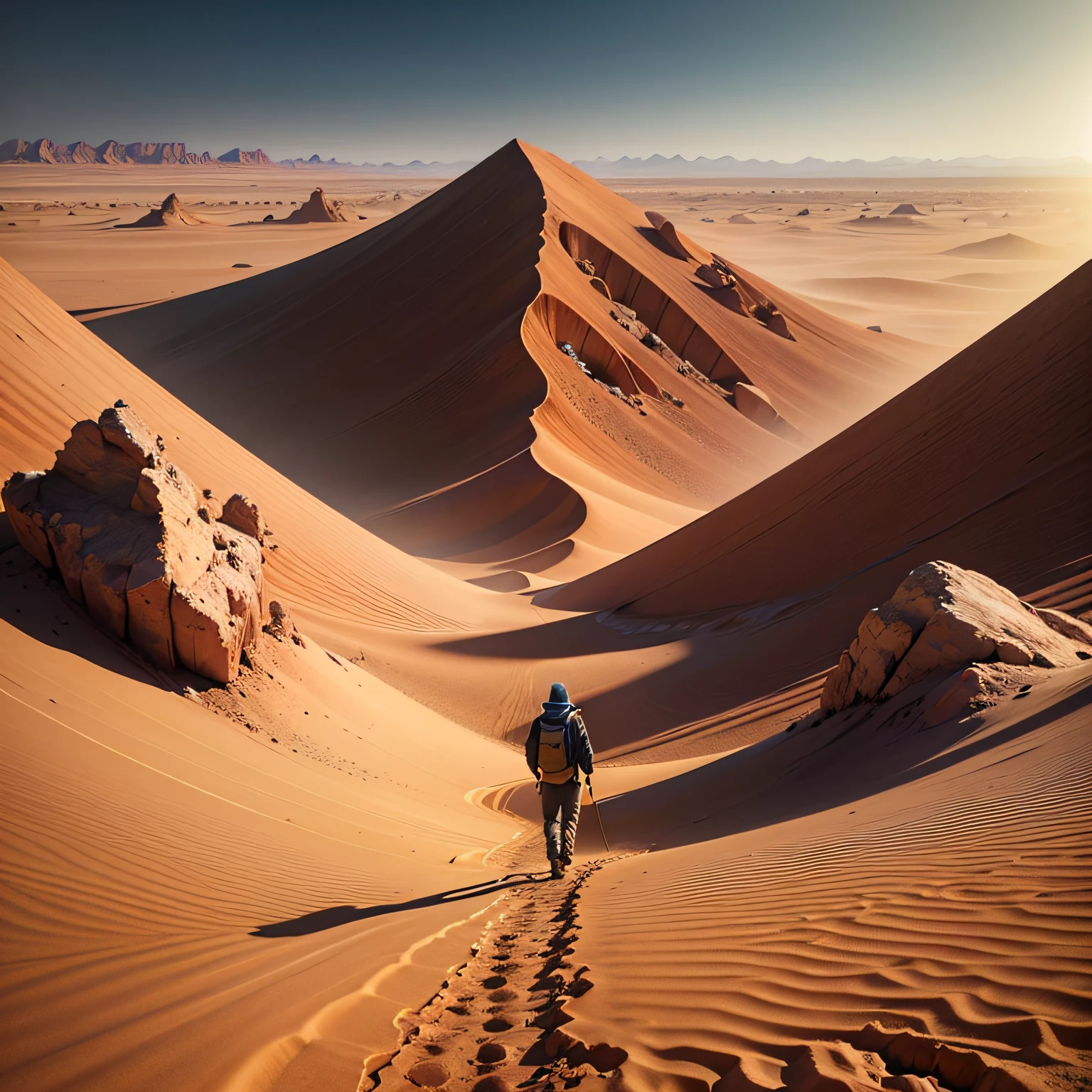 A man walking in the desert. How small he seemed in the huge desert, like a speck of dust in the universe --auto