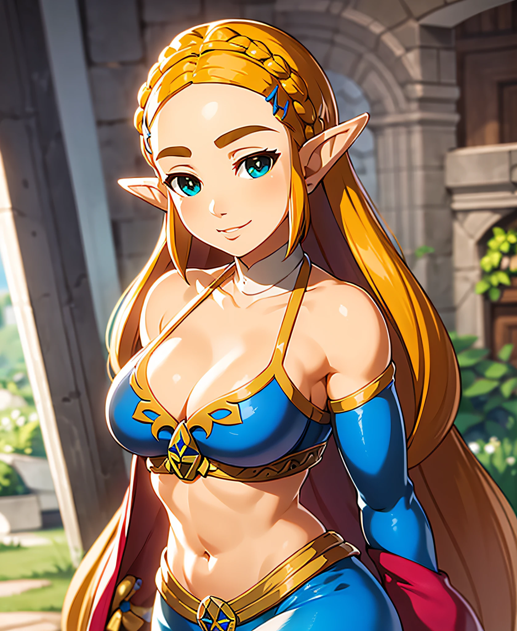 masterpiece,best quality,zelda\(princess\), 1girl, solo, large breasts,long_hair, cleavage, young girl, young , 17 year old, very skinny, bikini, blonde hair, seductive smile, bare stomach