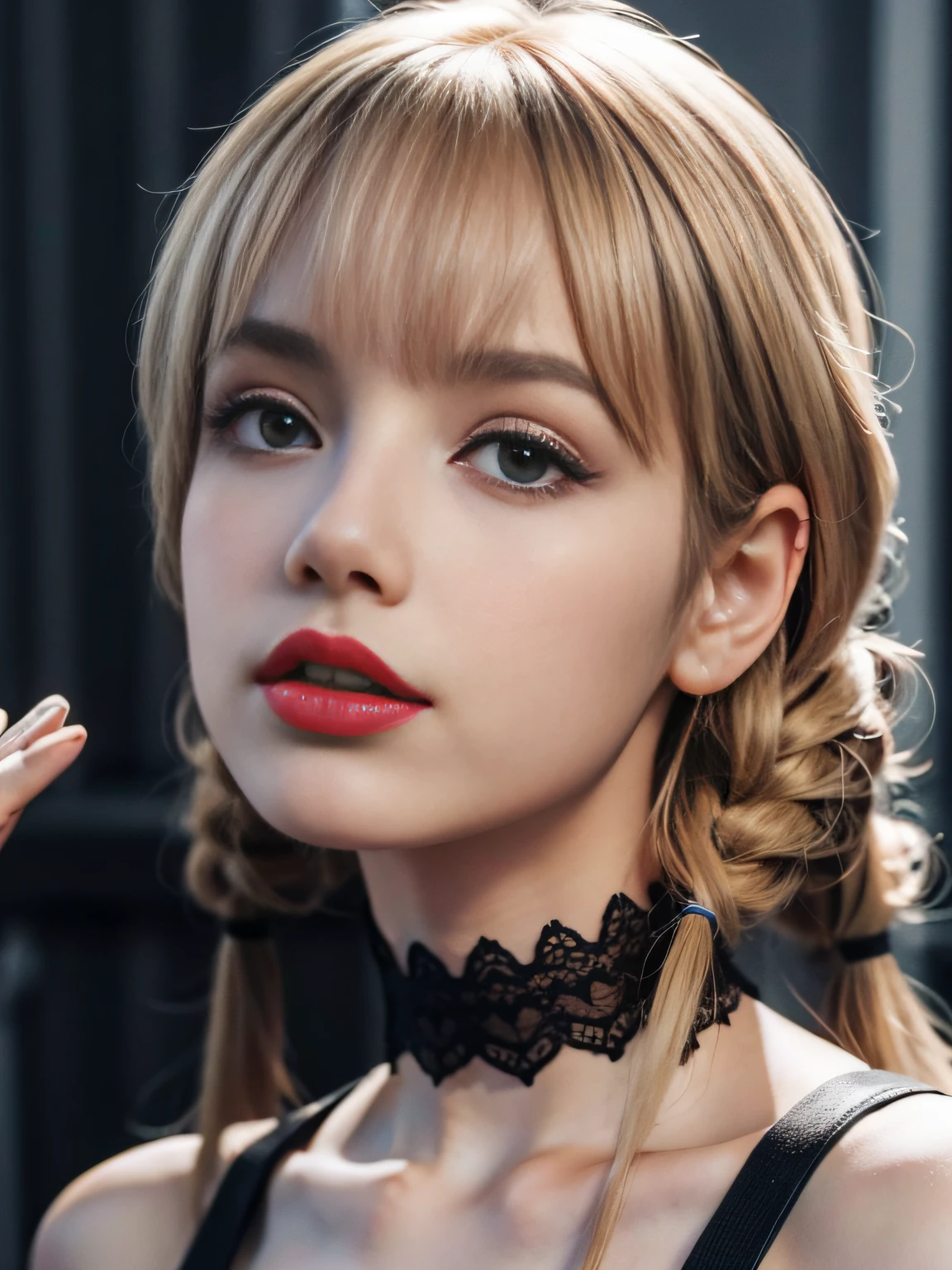 (8K, 4K, Best Quality, Highres, Ultra High Res:1.1), (Masterpiece, Realistic, Photo-Realistic:1.1), 1girl, Face, Close-Up, Twintails, Blonde Hair, Black Eyes, Red Lips, (Looking in Audience: 2), Wearing a babes slip dress, lace, cleavage, split ends, bare shoulders, ridiculously long hair, long eyelashes, eye shadow, small face, big eyes, bare shoulders, high contrast,
