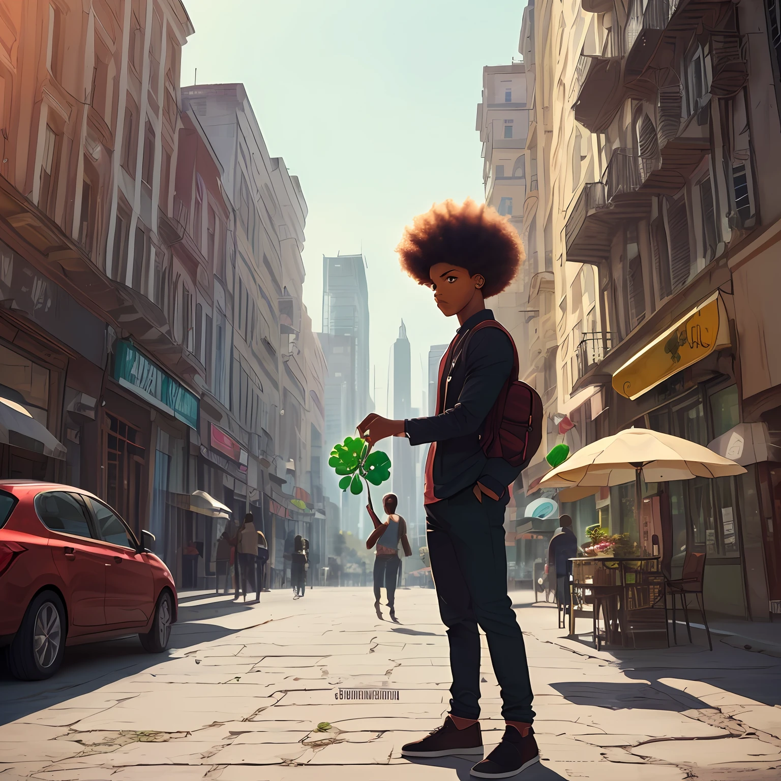 Chibi character holding a small clover, on a city street, black boy,(((young),film art, clean shot, i, handsome young man, afro, grace and blessing, (((seriously)))), rendered in unreal, promotional image of the film, drawing --auto