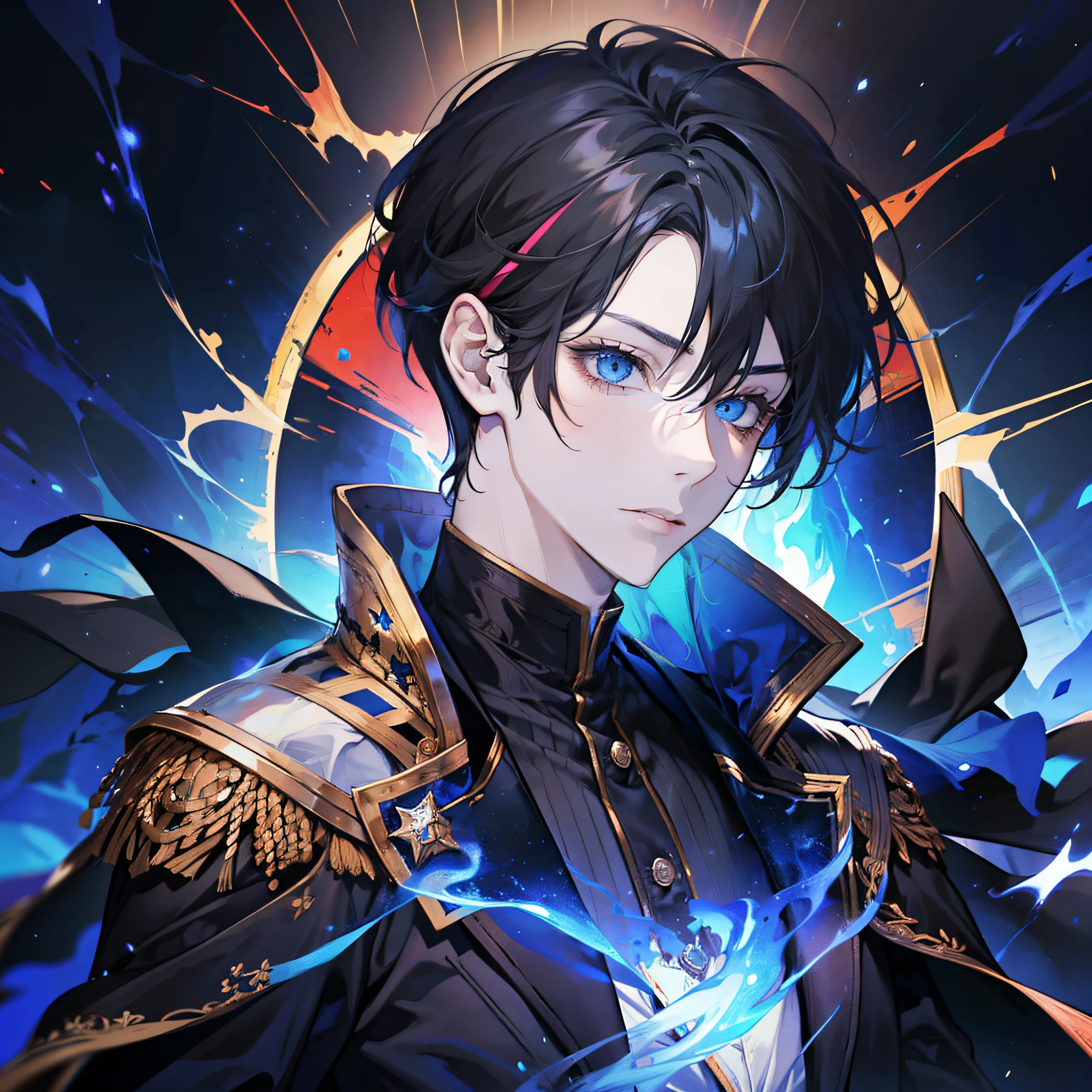 A boy, handsome, fair-skinned, resolute eyes, long flowing black hair, blue eyes, powerful, black dress, antique style, streamer surrounding, 8k, thunder, flame, colorful light, starry sky, cracked, milky way,