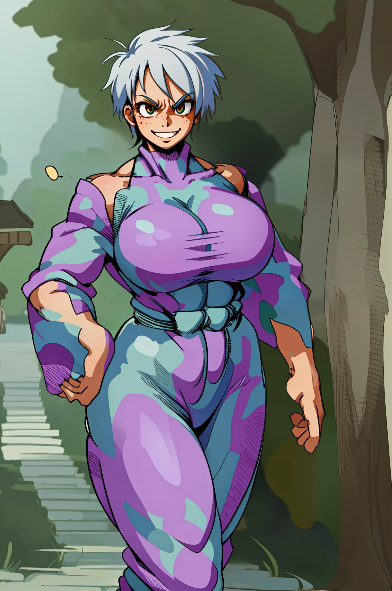 huge chest, tall woman, silver hair curved, short hair, tomboy, freckles, portrait,1character, full body,1girl, tall female, solo, solo focus, portrait, walking, warior,, martial art, smile, smug