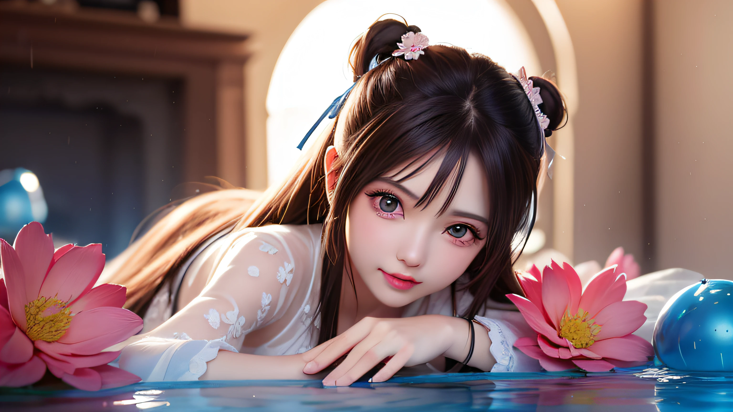 (8k, RAW photos: 1.2), highest quality, ultra high resolution, (((cleavage coordination from head to bottom of breast)), dramatic angle, (pink petals fluttering), (illustration), (1 girl))), (long hair ponytail), (transparent white sheer floral dress)), beautiful face (light brown hair, blue eyes), (bright lip gloss, long eyelashes), Smooth) face, bright skin, natural shadows, wide light, wide light, depth of field, strong colors, subtle caustics: 0.8), smile, (big), (rain: 0.9), behind the girl is Hanazono, (focus), ((standing on the surface of the water)), (color splash), colorful splash, ((colorful))), (sketch: 0.8), masterpiece, best quality, beautifully painted, highly detailed, ( Denoise: 0.6), [Splash Ink], ((Ink Refraction)), (Beautiful Detailed Sky), Highly Detailed, (Masterpiece, Best Quality, Very Detailed) CG Unity 8k Wallpaper, Masterpiece, Best Quality, Ultra Detail), (Lycoris radiata)