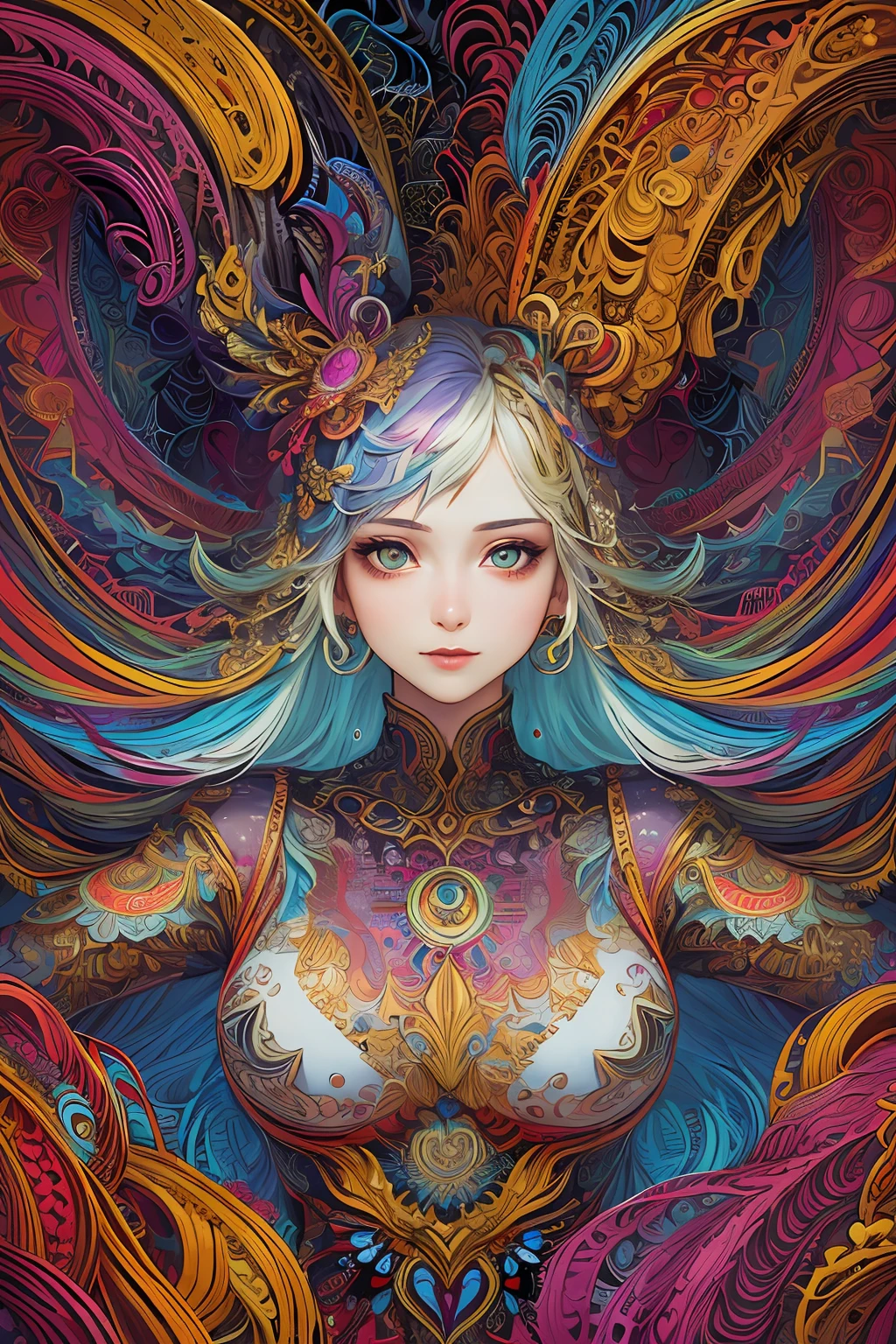 (masterpiece, top quality, best quality, official art, beautiful and aesthetic:1.2), (1girl:1.3), extremely detailed,(fractal art:1.2),colorful,highest detailed,(zentangle:1.2), (dynamic pose), (abstract background:1.5), (treditional dress:1.2), (shiny skin), (many colors:1.4), upper body