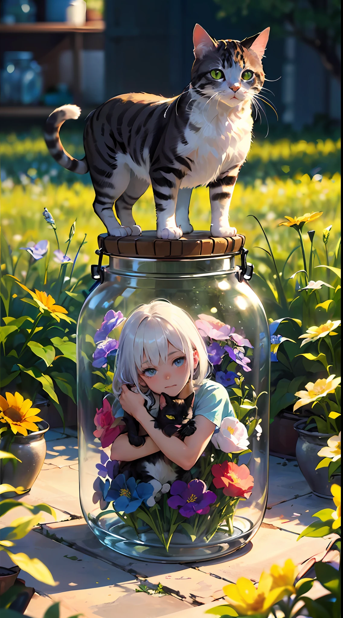 (empty glass container in jar shape with flower meadow inside:1.3) ,[(( 1girl:1.4) with white hair in blue dress is  sitting on flower meadow):0.3], masterpiece, best quality, highly detailed,Middle Little dickey,(cat looking at the jar:1.3)
