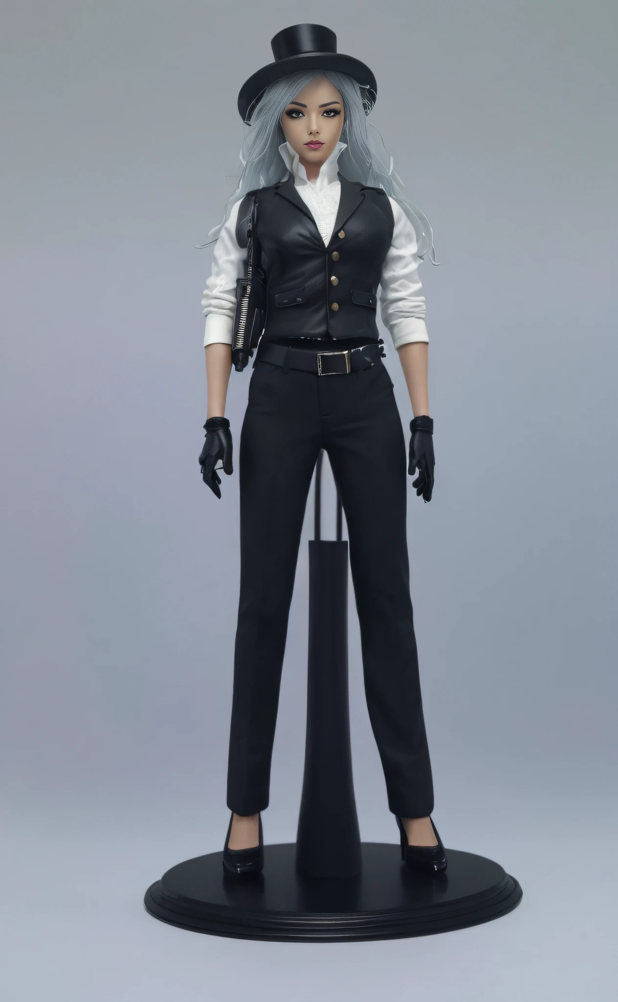 there is a woman in a black suit and hat with a gun, detailed image, mechanic punk outfit, suit vest and top hat and gloves, full body 1 / 6 nihei tsutomu, very detailed and rich clothing, outfit: cop, detailed picture, detective clothes, female outfit, very detailed and high quality, ( highly detailed figure )