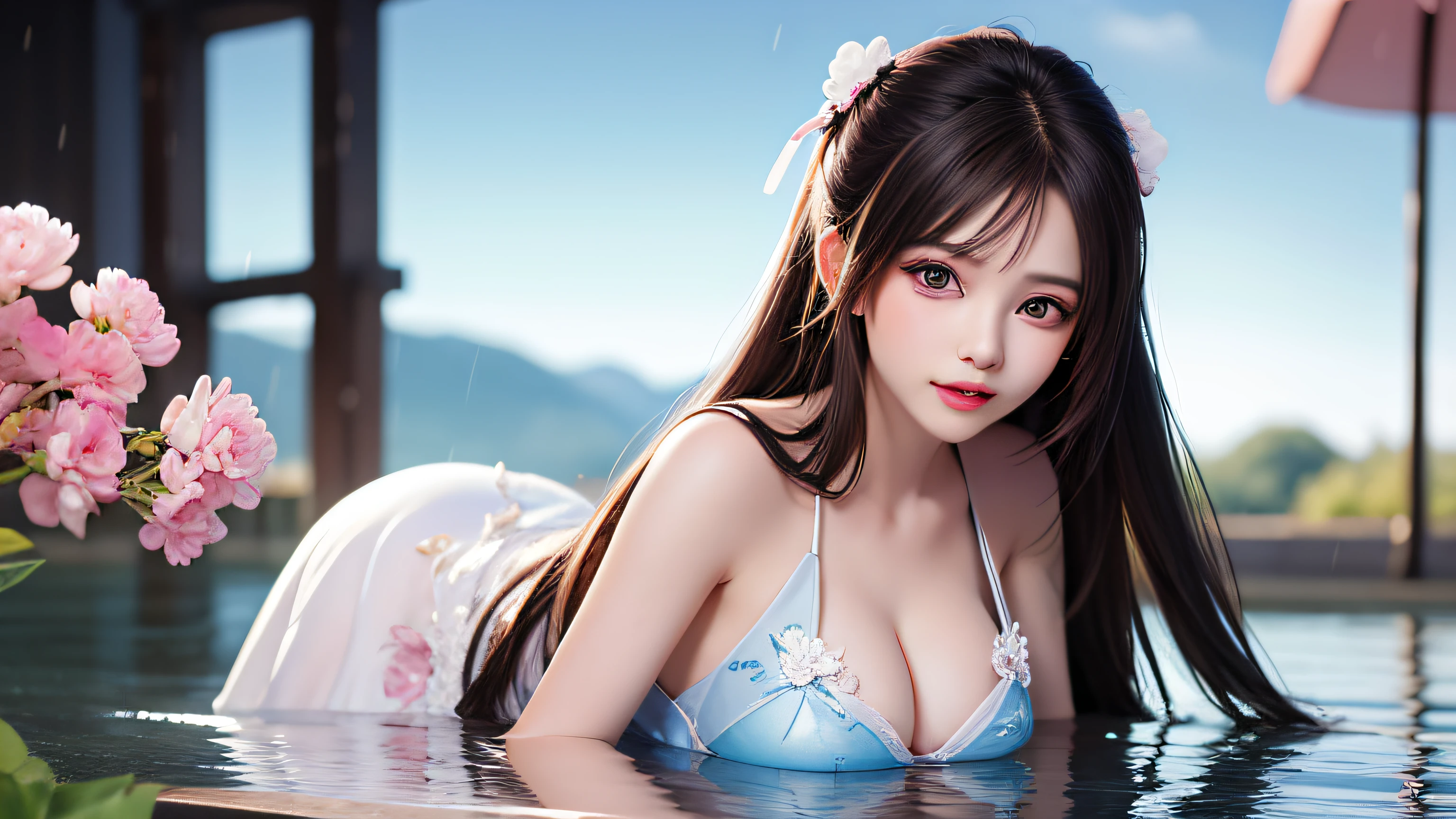 (8k, RAW photos: 1.2), highest quality, ultra high resolution, (((cleavage coordination from head to bottom of breast)), dramatic angle, (pink petals fluttering), (illustration), (1 girl))), (long hair ponytail), (transparent white sheer floral dress)), beautiful face (light brown hair, blue eyes), (bright lip gloss, long eyelashes), Smooth) face, bright skin, natural shadows, wide light, wide light, depth of field, strong colors, subtle caustics: 0.8), smile, (big), (rain: 0.9), behind the girl is Hanazono, (focus), ((standing on the surface of the water)), (color splash), colorful splash, ((colorful))), (sketch: 0.8), masterpiece, best quality, beautifully painted, highly detailed, ( Denoise: 0.6), [Splash Ink], ((Ink Refraction)), (Beautiful Detailed Sky), Highly Detailed, (Masterpiece, Best Quality, Very Detailed) CG Unity 8k Wallpaper, Masterpiece, Best Quality, Ultra Detail), (Lycoris radiata)