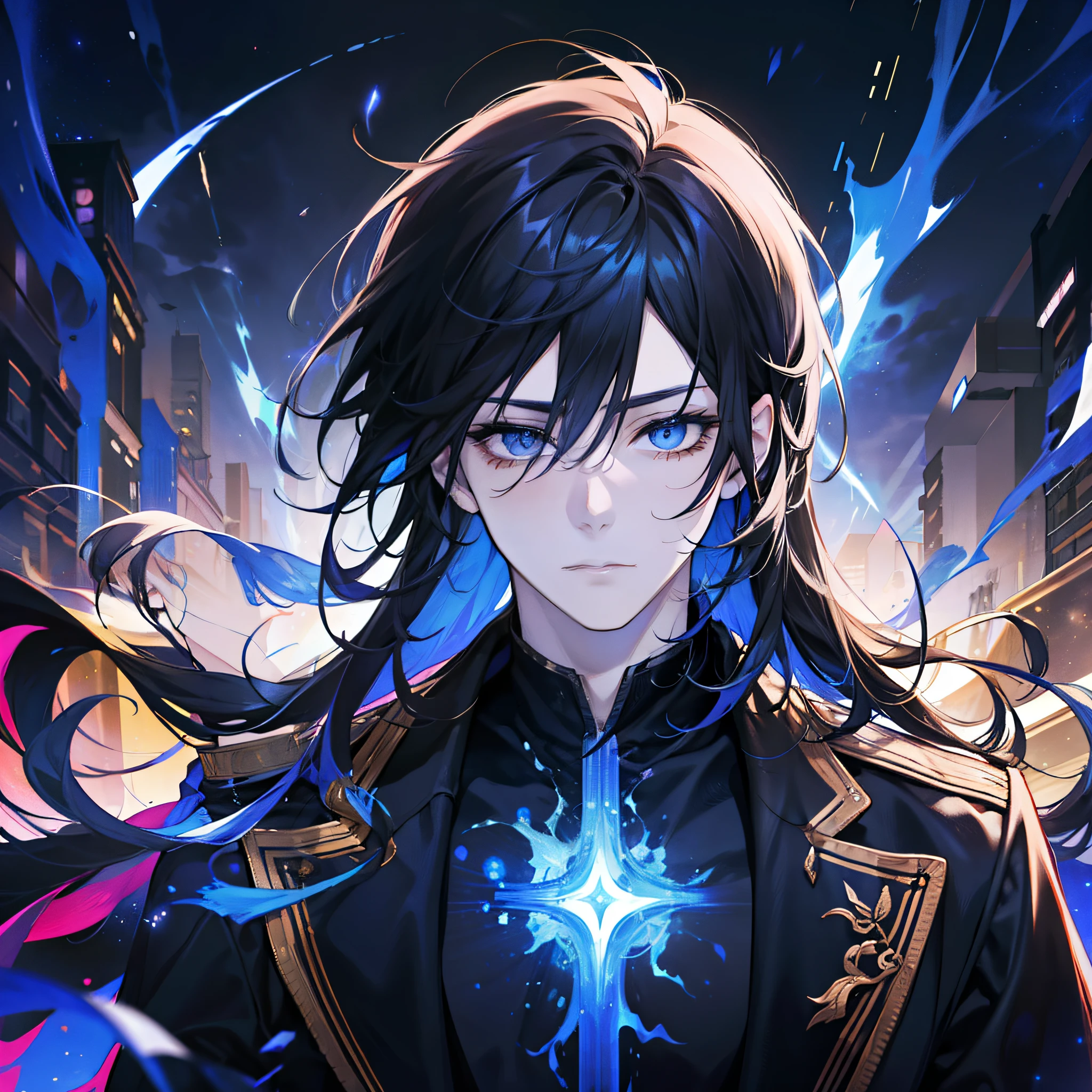 A boy, handsome, fair-skinned, resolute eyes, long flowing black hair, blue eyes, powerful, black dress, antique style, streamer surrounding, 8k, thunder, flame, colorful light, starry sky, cracked, milky way,