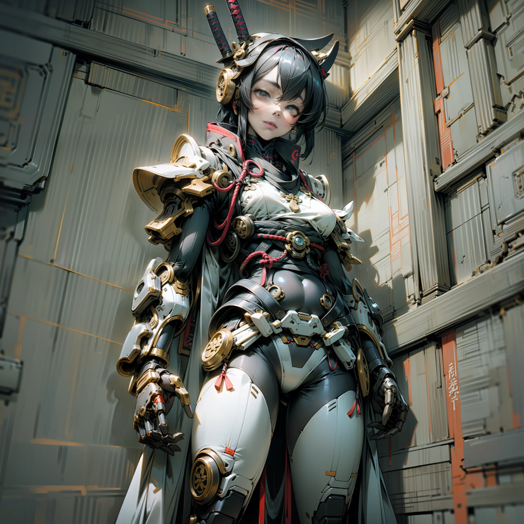 (Masterpiece, Best Quality, Ultra Detailed, Best Shadow), (Detailed Background, Dark Fantasy), (Beautiful Detailed Face), High Contrast, (Best Lighting, Very Delicate and Beautiful), ((Cinematic Light)), Colorful, Hypergrain, Dramatic Light, Intricate Details, Wallpaper, 1 Girl, Ronin Girl, ((Body Fully Visible)), Traditional Chinese Cyber Ronin Clothing, Cyber Style, Robot Style, Cyber Girl, Katana, Katana listed on us, ((bottom view,))  black hair disheveled, square, ((full-length)), sword, katana, cyber samurai, (((full-length))), ((the whole body is visible))