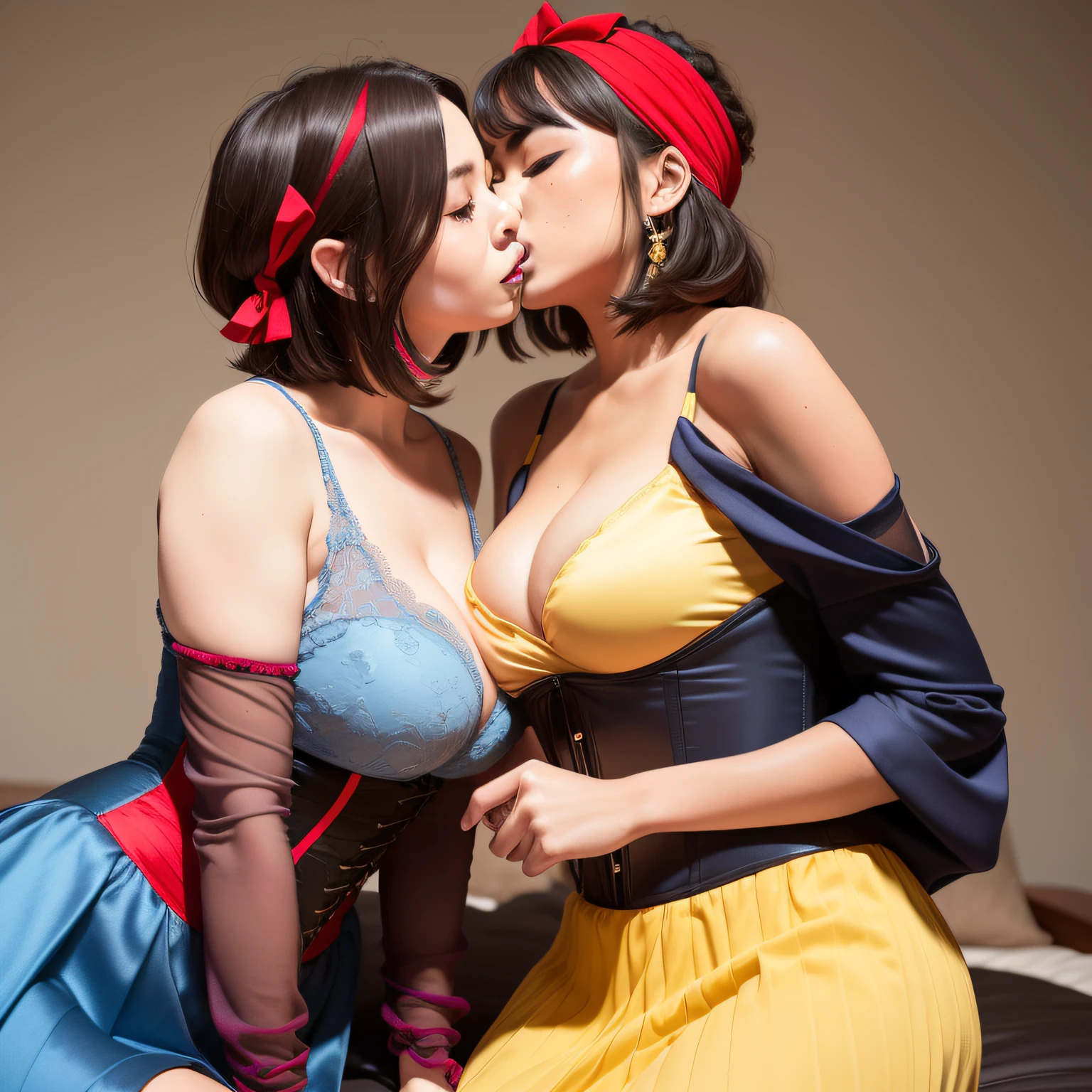 2 Beautiful Malaysian models, (kissing on bed), female, wearing (yellow pleated skater skirt, blue silk corset, red shoulder slash sleeves, hair: (short, bob, headband (red)), cleavage, large breasts