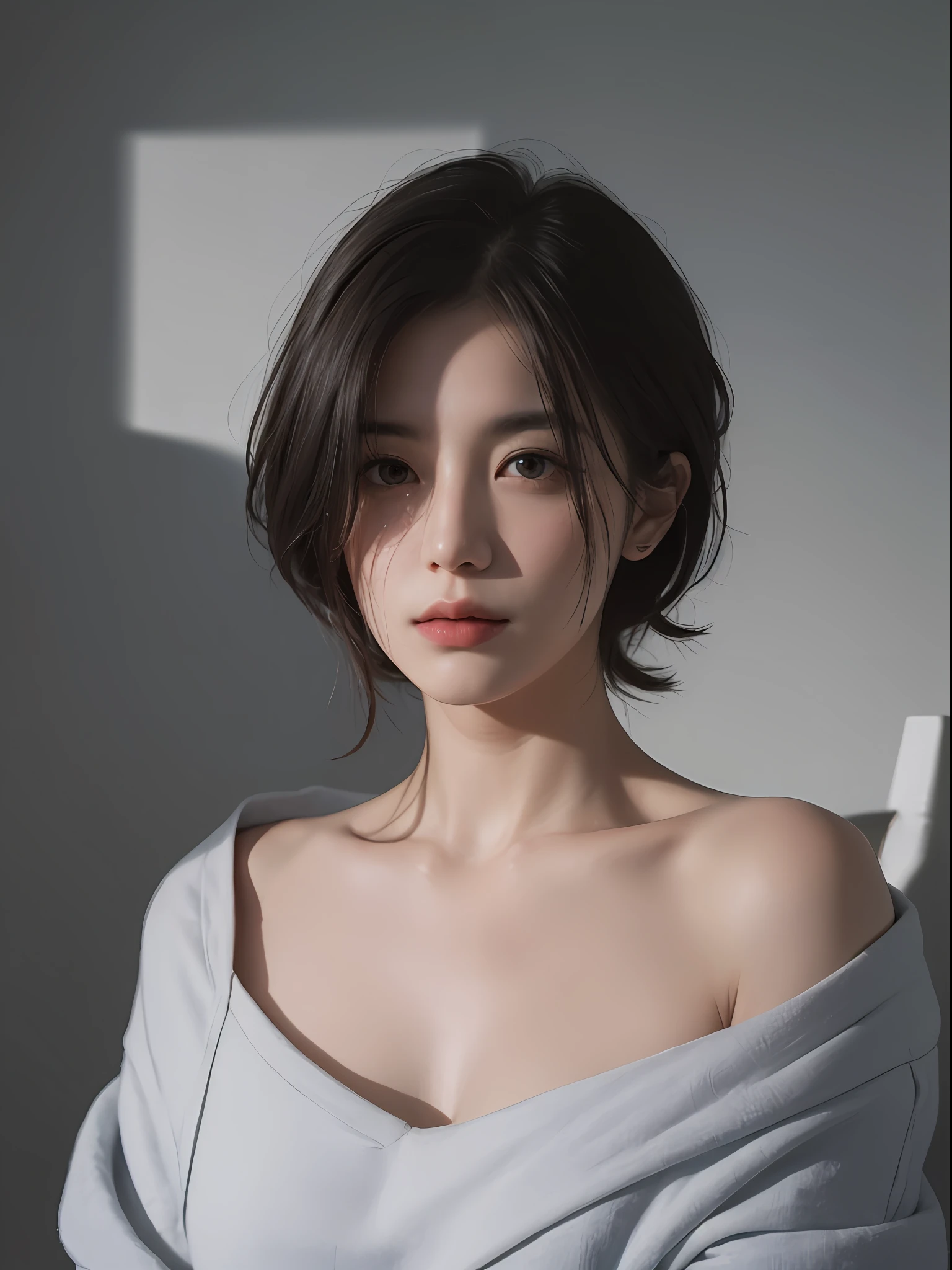 Best quality, masterpiece, ultra high res, (photorealistic:1.5), raw photo, 1girl, offshoulder, in the dark, deep shadow, low key, cold light, sexy look, short hair