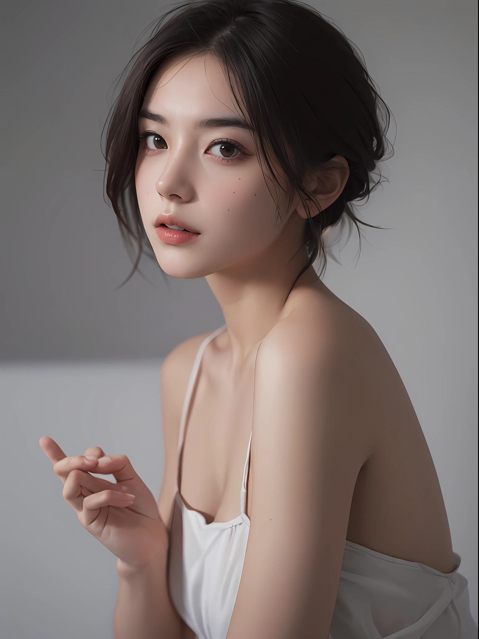 Best quality, masterpiece, ultra high res, (photorealistic:1.5), raw photo, 1girl, offshoulder, in the dark, deep shadow, low key, cold light, sexy look, short hair