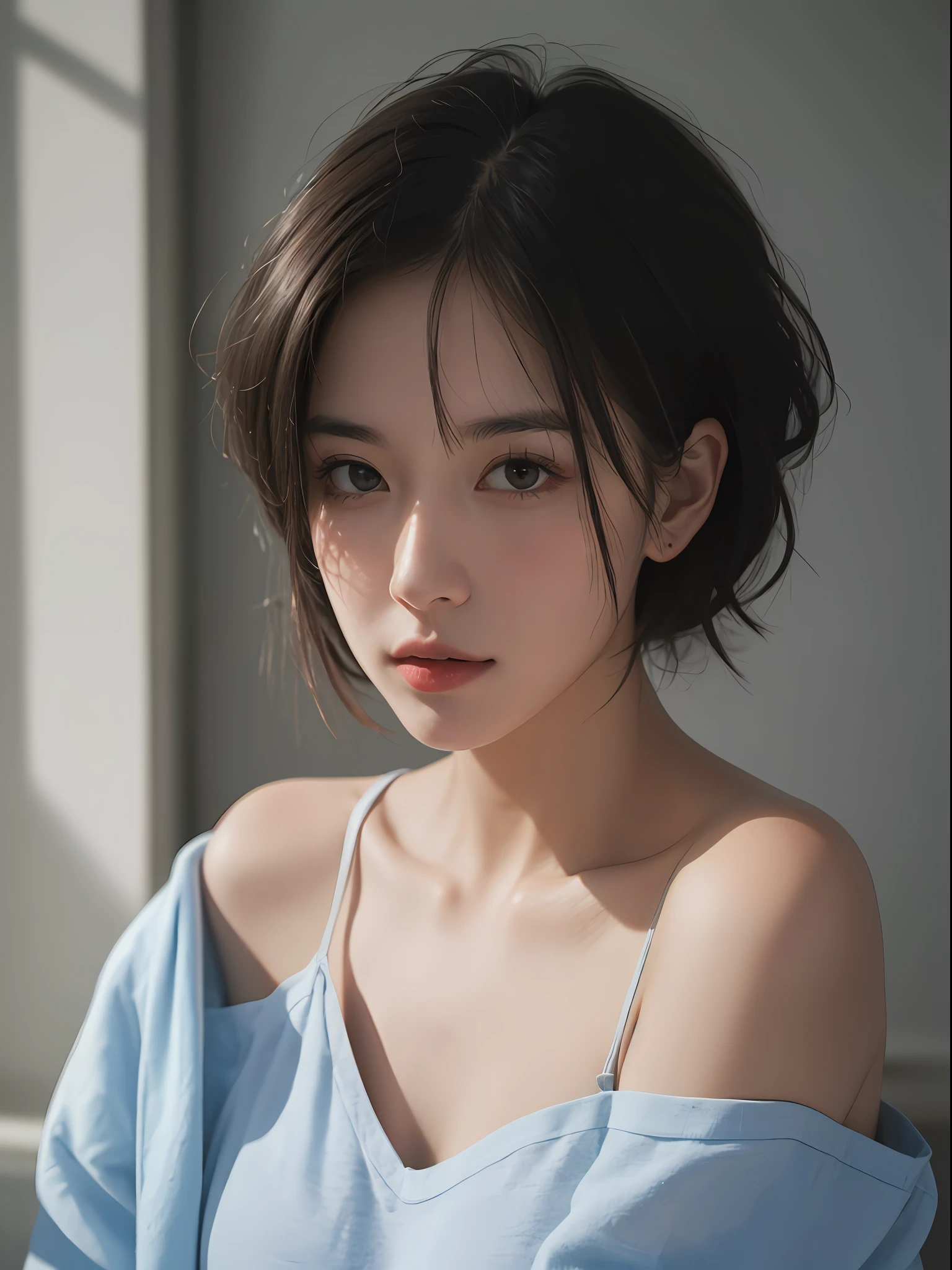 Best quality, masterpiece, ultra high res, (photorealistic:1.5), raw photo, 1girl, offshoulder, in the dark, deep shadow, low key, cold light, sexy look, short hair