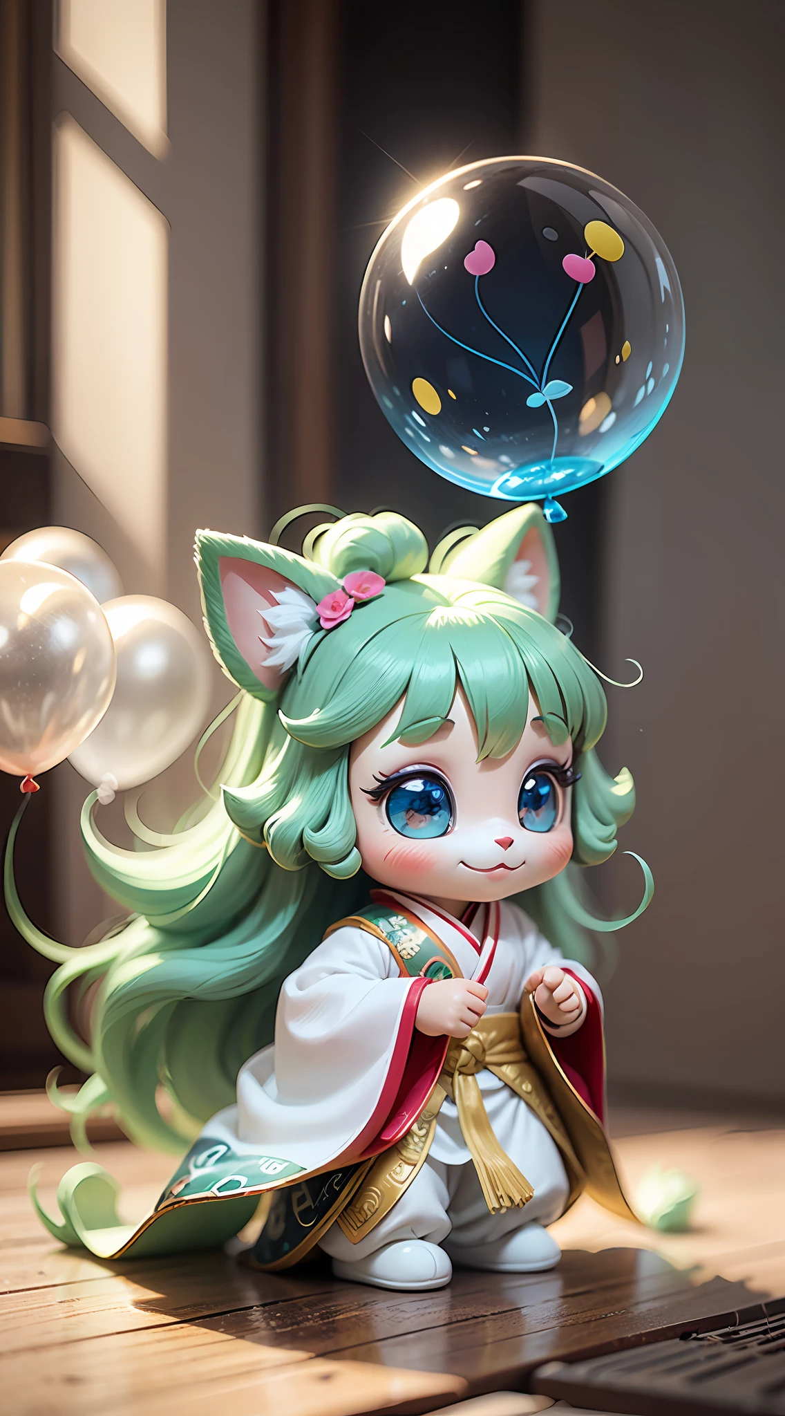 Maltese, big ears, happy smile, (wearing Hanfu), long hair, furry, soft ((best quality)), ((masterpiece)), (hair accessory)( extreme detail, highest detail, official art, beauty and aesthetics: 1.2), depth of field, composition ( (full body) ), (chibi), (beautiful and detailed eyes: 1.3), (very happy: 1) (light mint green and gradient white), popmart blind box, clay texture, (transparent balloon, cloud decorative background), natural light, Best Quality, Super Detail, 3D Art, C4D, Blender, OC Renderer, 3D Rendering, 8K --auto --s2