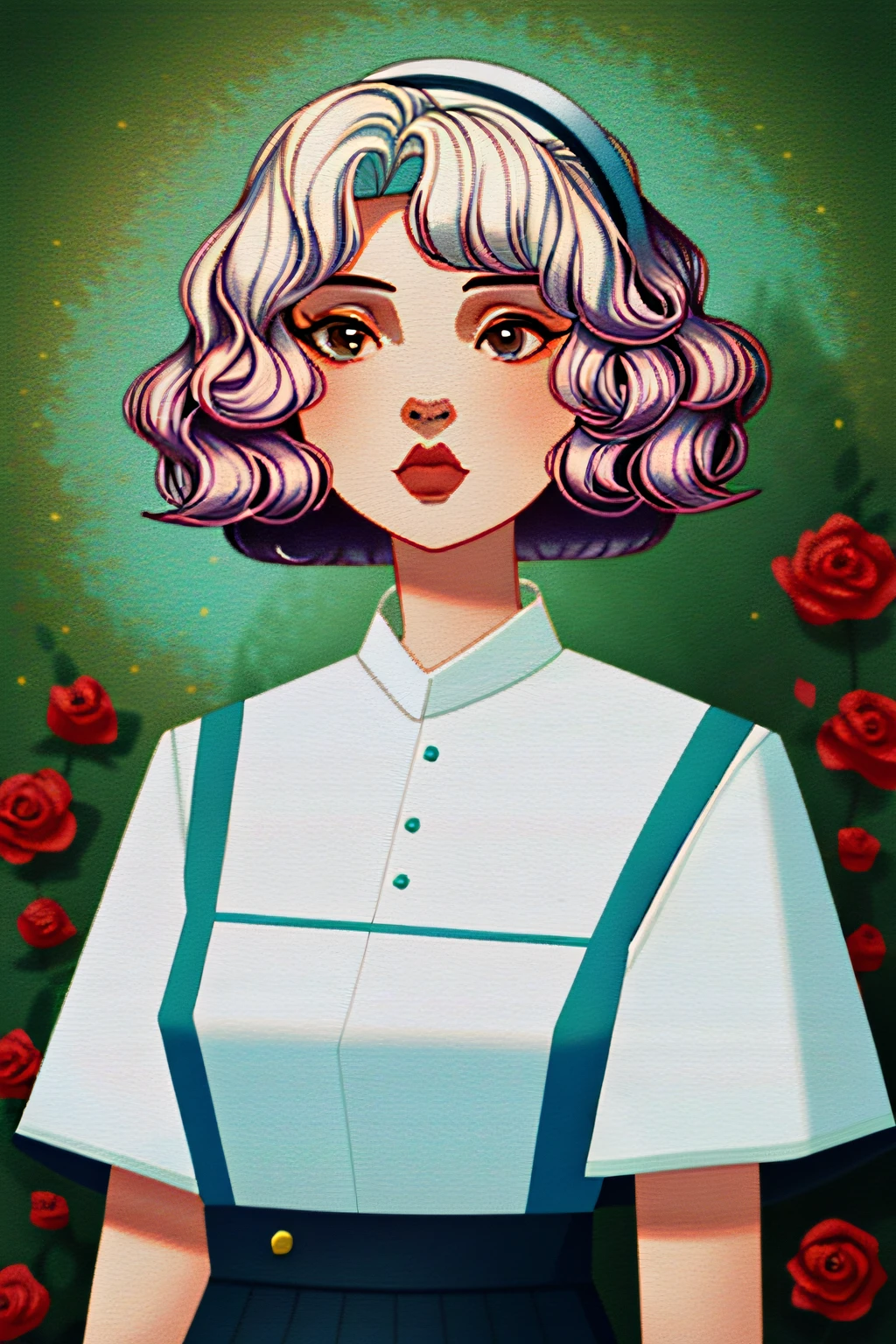 best quality, ((masterpiece)), afterglow, 4k, extremely detailed, 8k, trending on ArtStation, Intricate, High Detail, Sharp focus, MindwipeRoLal  Rose Lalonde, (beautiful face), white hair, black hairband, white skirt, white shirt, t-shirt, black lips