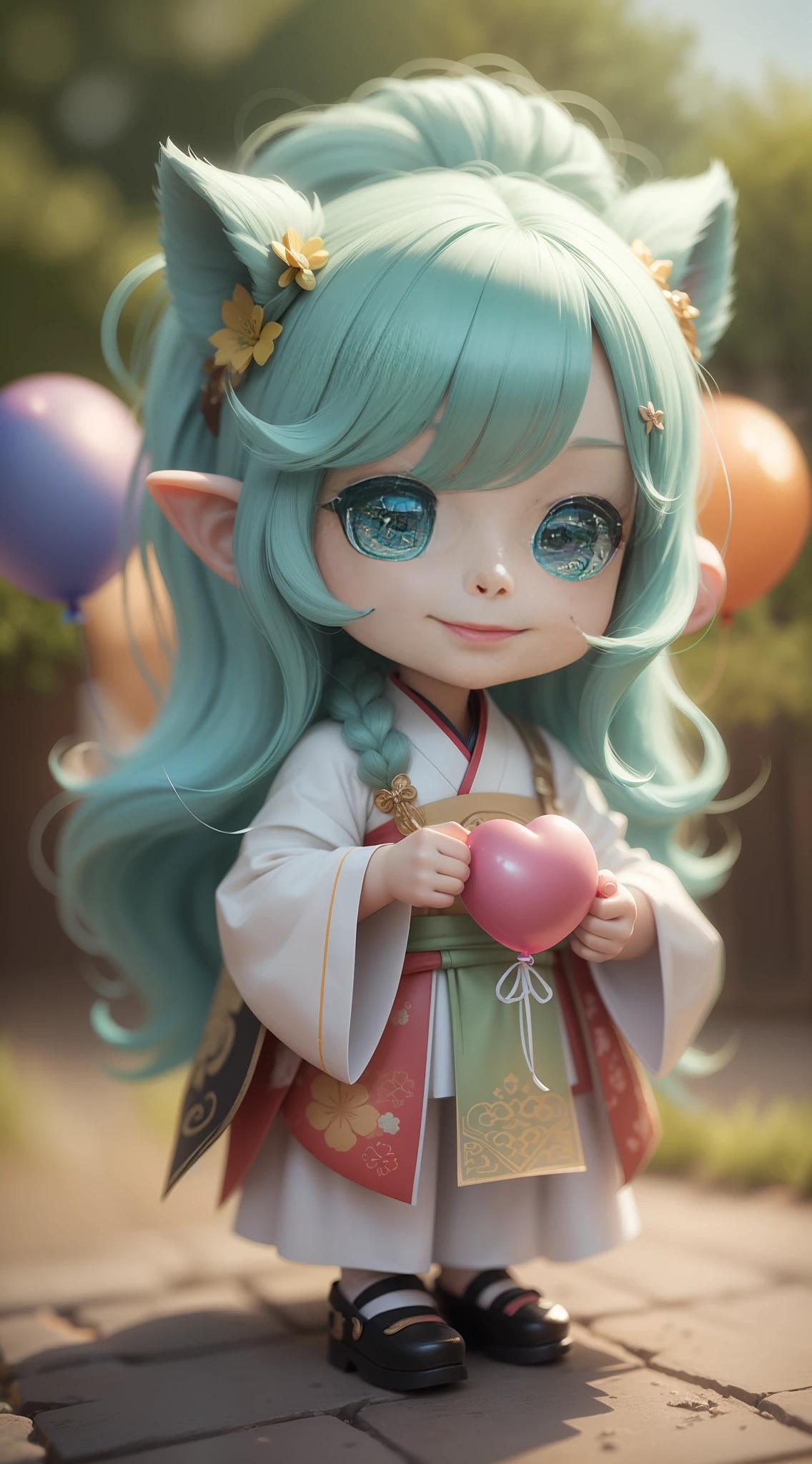 Maltese, big ears, happy smile, (wearing Hanfu), long hair, furry, soft ((best quality)), ((masterpiece)), (hair accessory)( extreme detail, highest detail, official art, beauty and aesthetics: 1.2), depth of field, composition ( (full body) ), (chibi), (beautiful and detailed eyes: 1.3), (very happy: 1) (light mint green and gradient white), popmart blind box, clay texture, (transparent balloon, cloud decorative background), natural light, Best Quality, Super Detail, 3D Art, C4D, Blender, OC Renderer, 3D Rendering, 8K --auto --s2