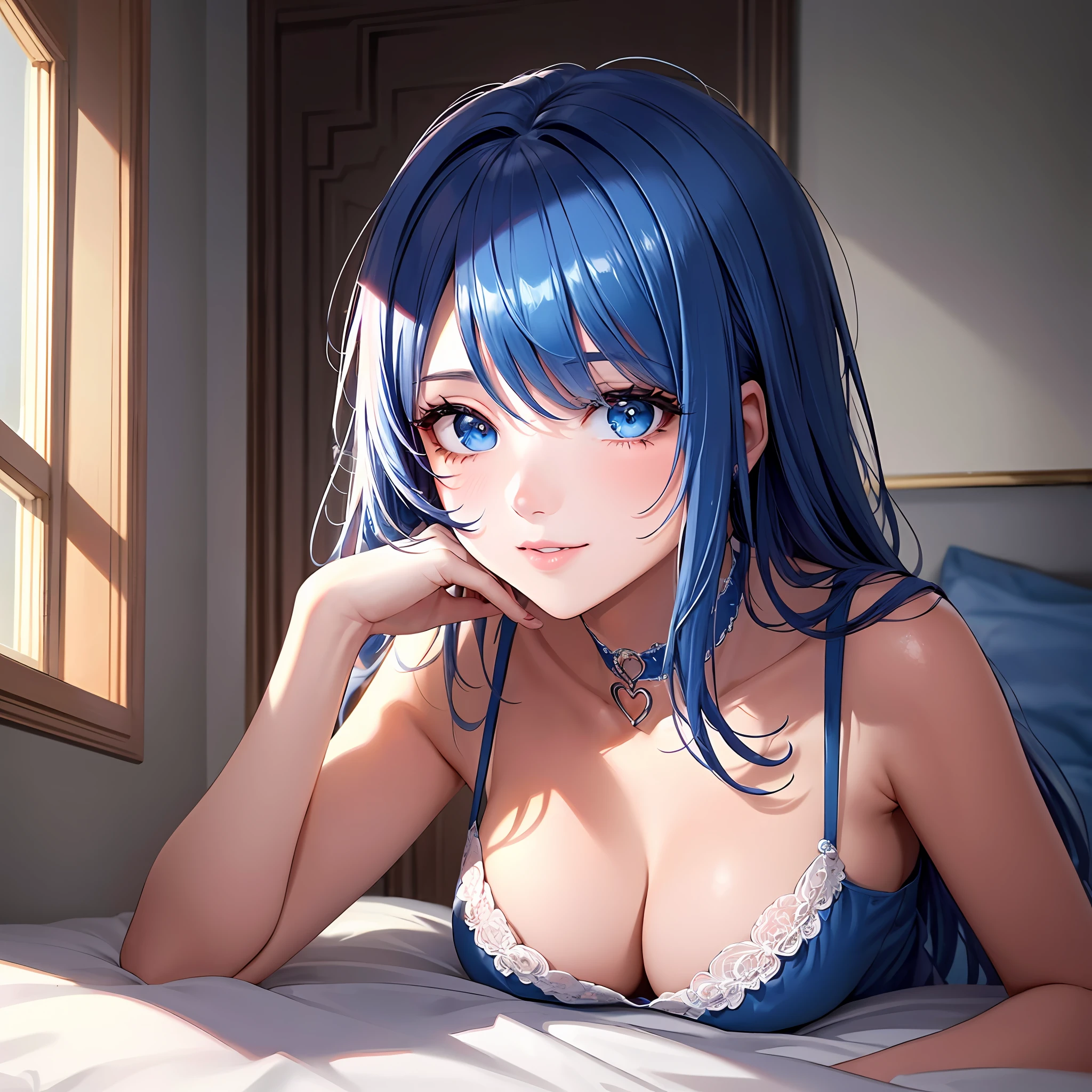 Illustration, cinematic light, high resolution, best quality, super detailed, detailed face, (detailed eyes), highest quality, super detail, masterpiece, (detailed face), upper body, subject forward, pretty face, best smile, sexy mature woman (pajamas: 1.5), ultra detailed embroidery, choker, NSFW, blue eyes, neon small shiny hair edges, D cup, cleavage, AI fantasy super luxurious room: 5, sparkling interior with neon details, (on a cute AI bed: 1.15), (sleep: 15), (morning sun shining through the window), light reflection, heart-shaped iris, playful eyes, open shoulders, hair jewelry, import