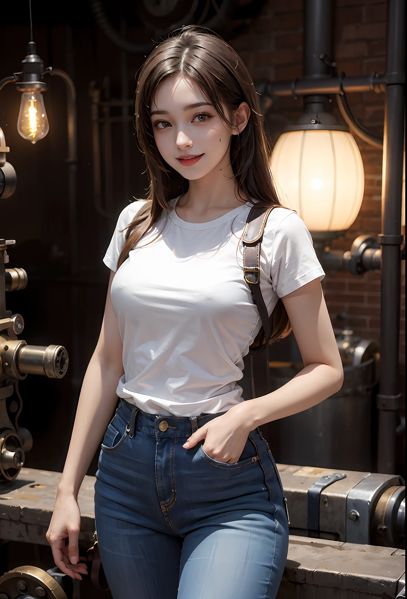 1girl, steampunk, mechanical maze, incandescent, indicator light, white shirt, cargo jeans,  beautiful girl, tifa, steam engine, factory, smile, sweat, hair dye,