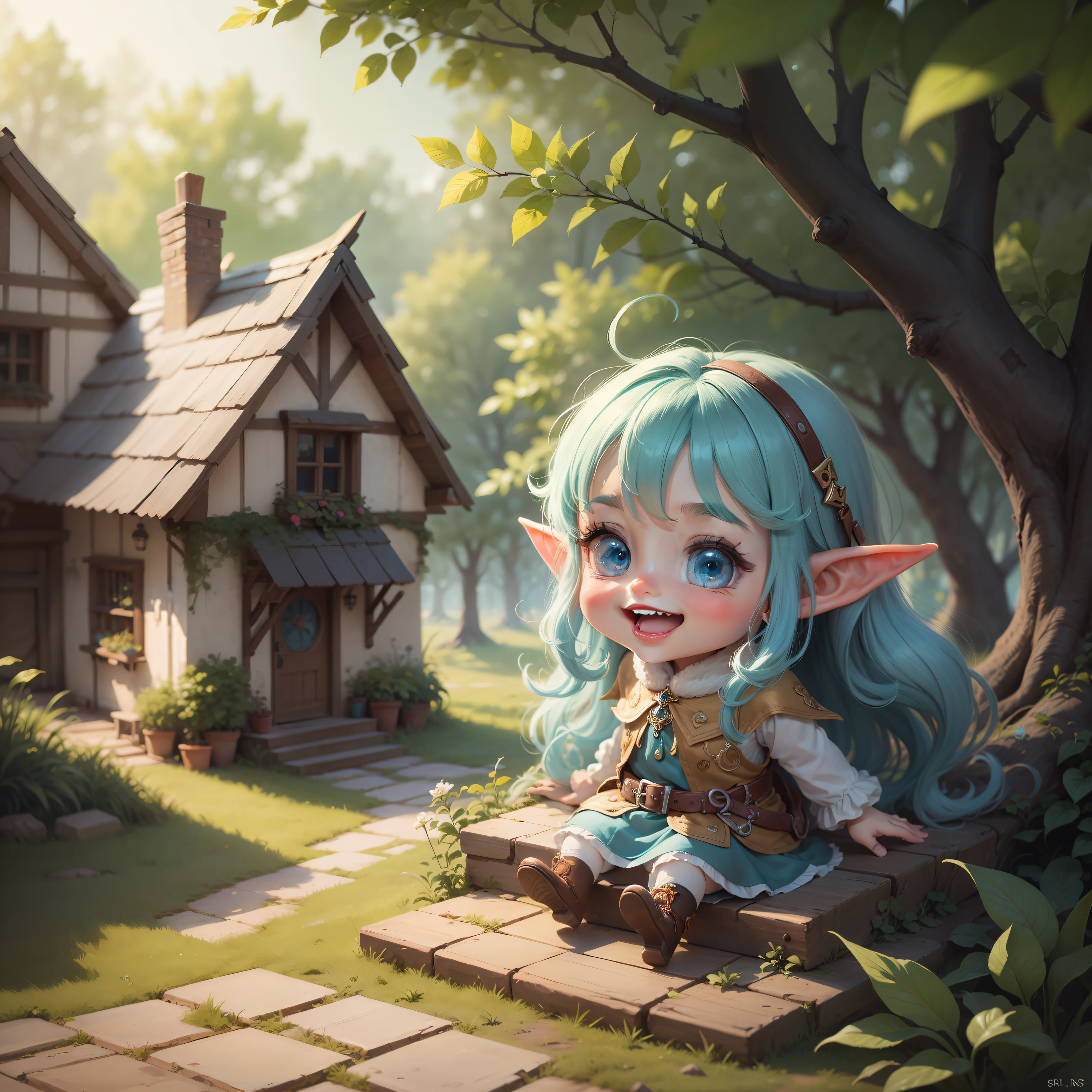 A scene with medium range: on the left there is Melvin ,a cute gnome, that is slipping on the steps of his cute house. On the right of the scene there is Lilly hidden behind the bush , little elf girl 6 year's old with big and sweet blue eyes, long blue hair, cute face, adorable digital painting, portrait of very beautiful elf, cute detailed digital art, with a sly look and a very mischievous expression, that is laughing . --auto --s2
