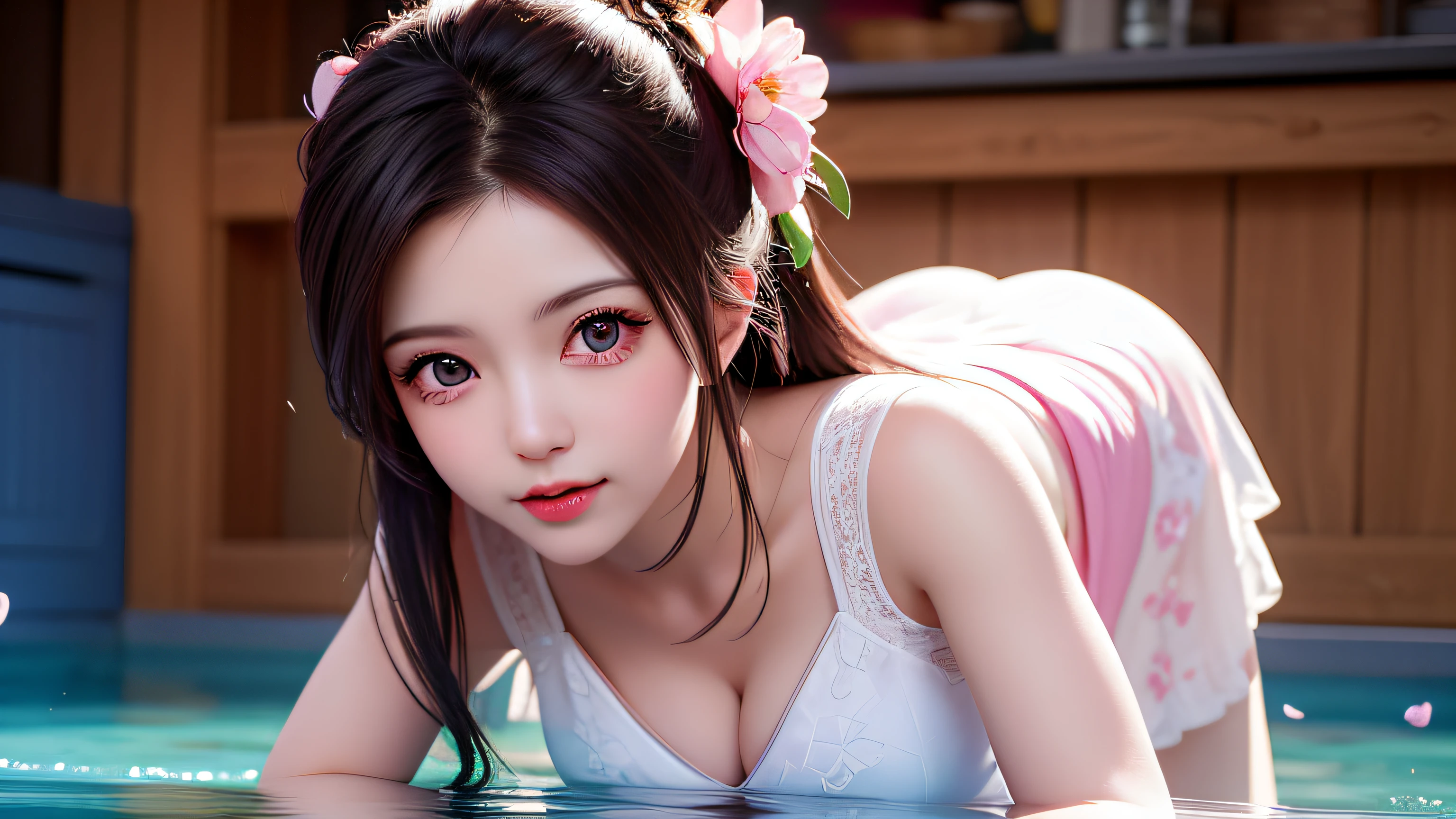 (8k, RAW photos: 1.2), highest quality, ultra high resolution, (((cleavage coordination from head to bottom of breast)), dramatic angle, (pink petals fluttering), (illustration), (1 girl))), (long hair ponytail), (transparent white sheer floral dress)), beautiful face (light brown hair, blue eyes), (bright lip gloss, long eyelashes), Smooth) face, bright skin, natural shadows, wide light, wide light, depth of field, strong colors, subtle caustics: 0.8), smile, (big), (rain: 0.9), behind the girl is Hanazono, (focus), ((standing on the surface of the water)), (color splash), colorful splash, ((colorful))), (sketch: 0.8), masterpiece, best quality, beautifully painted, highly detailed, ( Denoise: 0.6), [Splash Ink], ((Ink Refraction)), (Beautiful Detailed Sky), Highly Detailed, (Masterpiece, Best Quality, Very Detailed) CG Unity 8k Wallpaper, Masterpiece, Best Quality, Ultra Detail), (Lycoris radiata)
