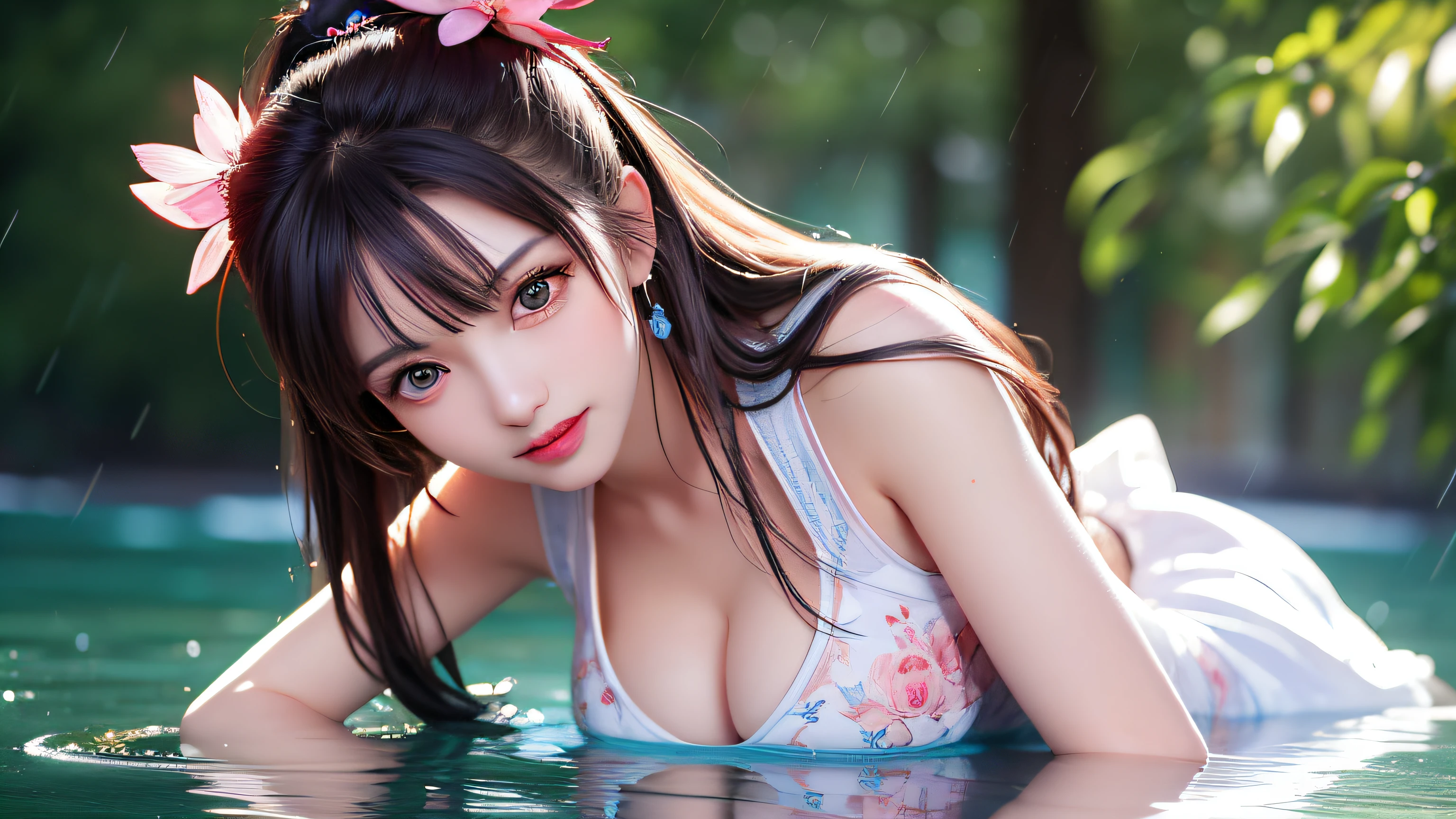 (8k, RAW photos: 1.2), highest quality, ultra high resolution, (((cleavage coordination from head to bottom of breast)), dramatic angle, (pink petals fluttering), (illustration), (1 girl))), (long hair ponytail), (transparent white sheer floral dress)), beautiful face (light brown hair, blue eyes), (bright lip gloss, long eyelashes), Smooth) face, bright skin, natural shadows, wide light, wide light, depth of field, strong colors, subtle caustics: 0.8), smile, (big), (rain: 0.9), behind the girl is Hanazono, (focus), ((standing on the surface of the water)), (color splash), colorful splash, ((colorful))), (sketch: 0.8), masterpiece, best quality, beautifully painted, highly detailed, ( Denoise: 0.6), [Splash Ink], ((Ink Refraction)), (Beautiful Detailed Sky), Highly Detailed, (Masterpiece, Best Quality, Very Detailed) CG Unity 8k Wallpaper, Masterpiece, Best Quality, Ultra Detail), (Lycoris radiata)