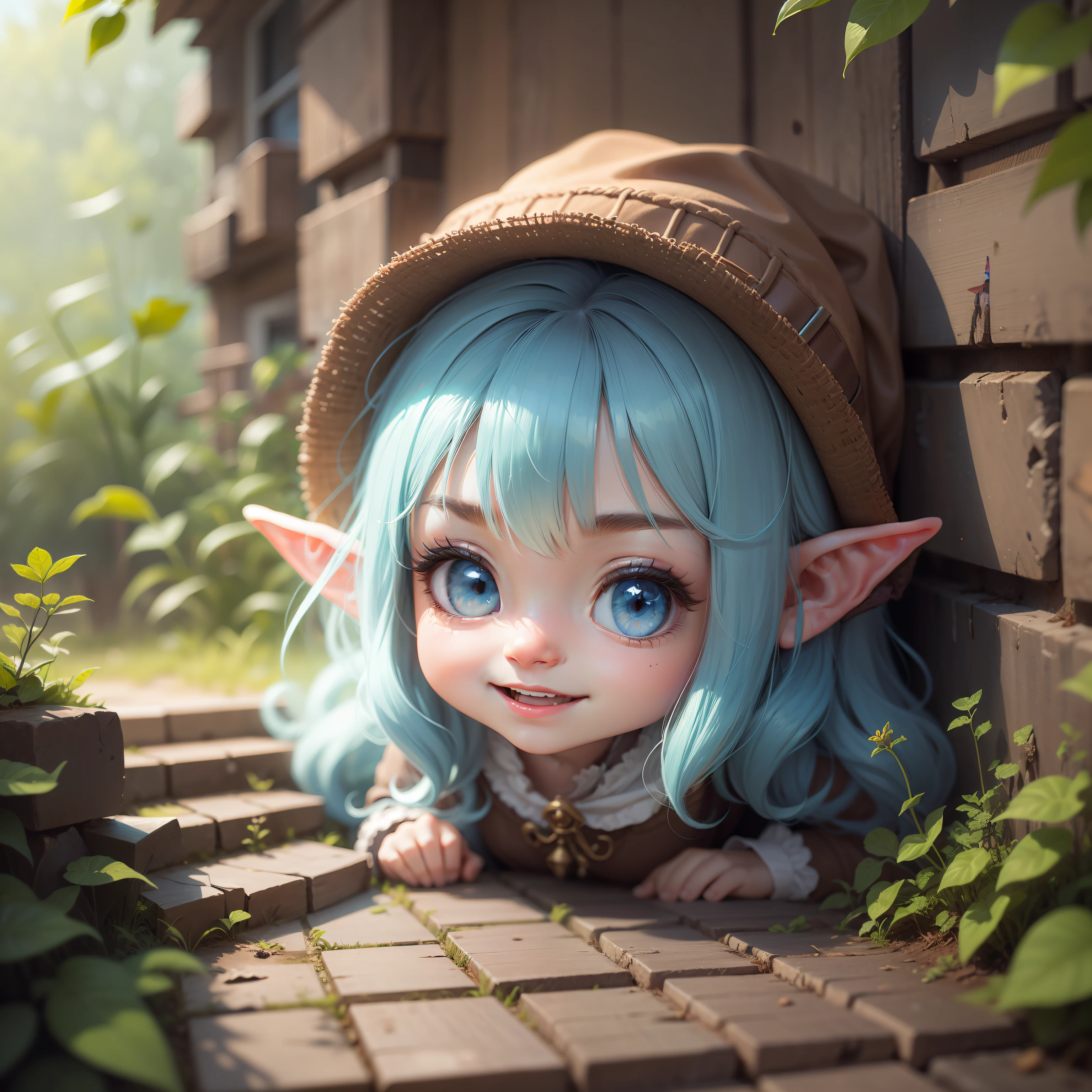 A scene with medium range: on the left there is Melvin ,a cute gnome, that is slipping on the steps of his cute house. On the right of the scene there is Lilly hidden behind the bush , little elf girl 6 year's old with big and sweet blue eyes, long blue hair, cute face, adorable digital painting, portrait of very beautiful elf, cute detailed digital art, with a sly look and a very mischievous expression, that is laughing . --auto --s2