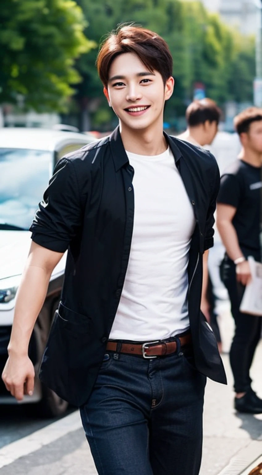 Male about 25 years old, smile, sharp focus, dynamic pose, cool, above the waist,